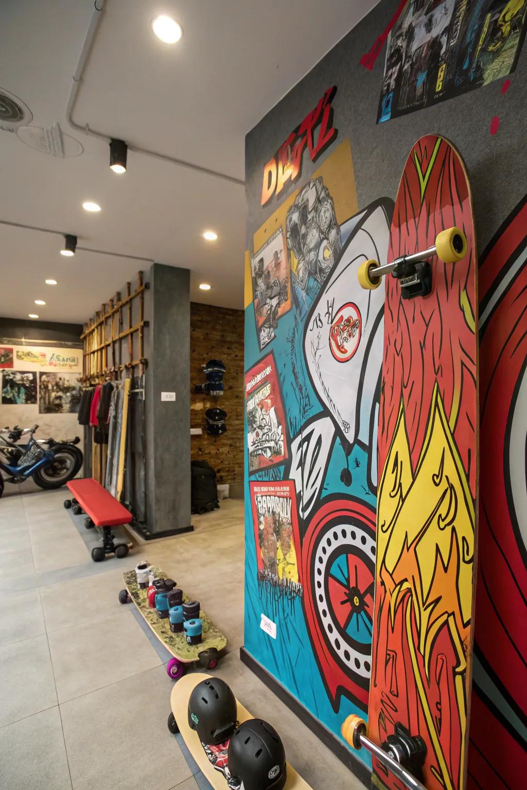 A mural featuring a graffiti motif, adding an edgy character to a skateboard-themed room.
