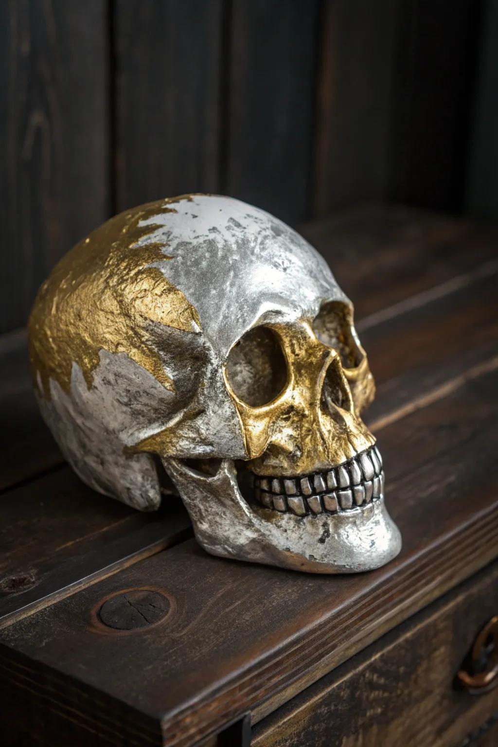 Raise your décor's standard with a hint of gleaming metallic finish. This glistening skull introduces a refined sharpness to any environment.