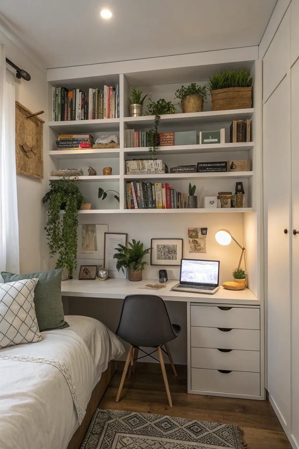 Integrated storage surrounding a desk maximizes both area and style.