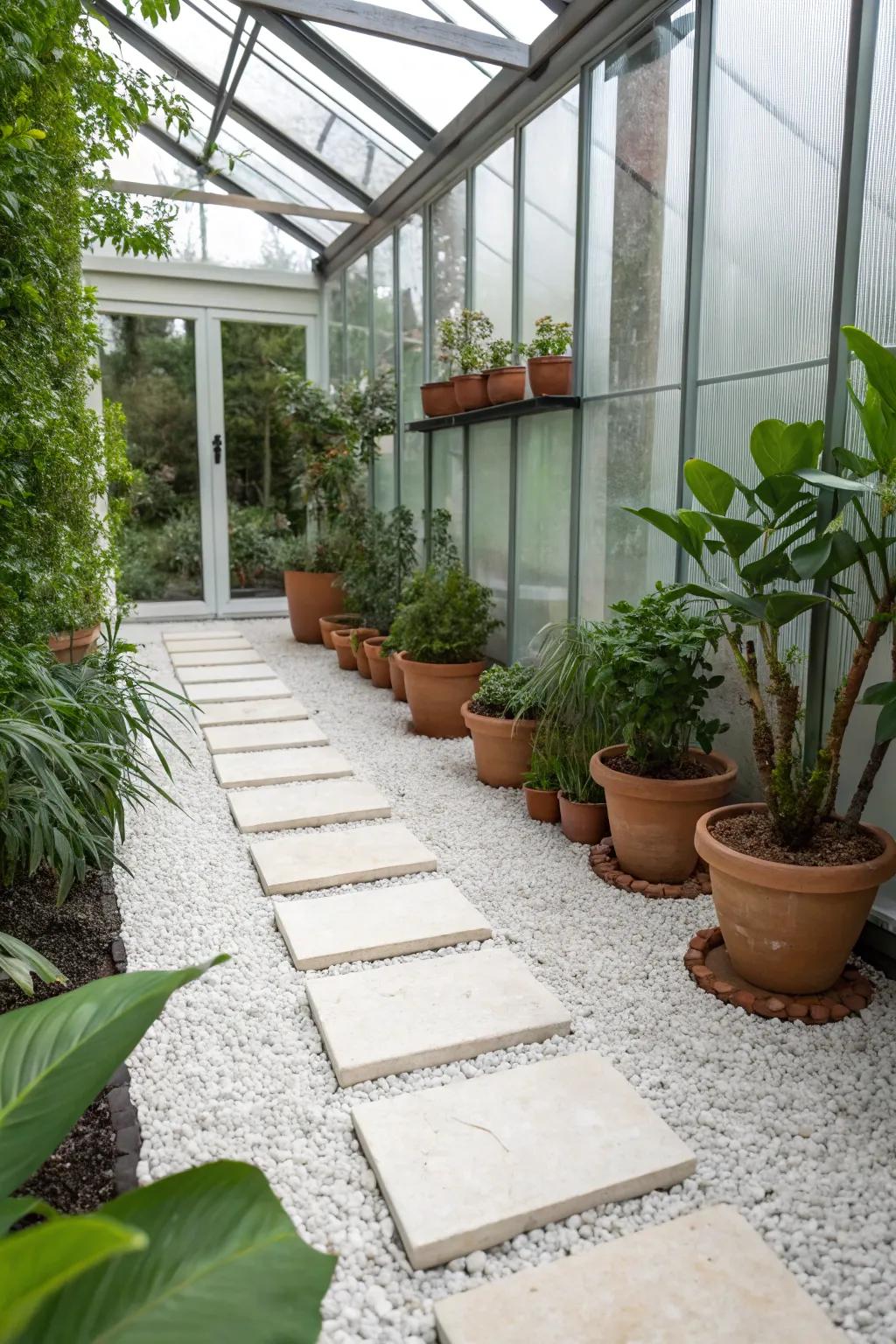Enter a state of peace with clear pathways in your greenhouse, a combination of simplicity and natural beauty.