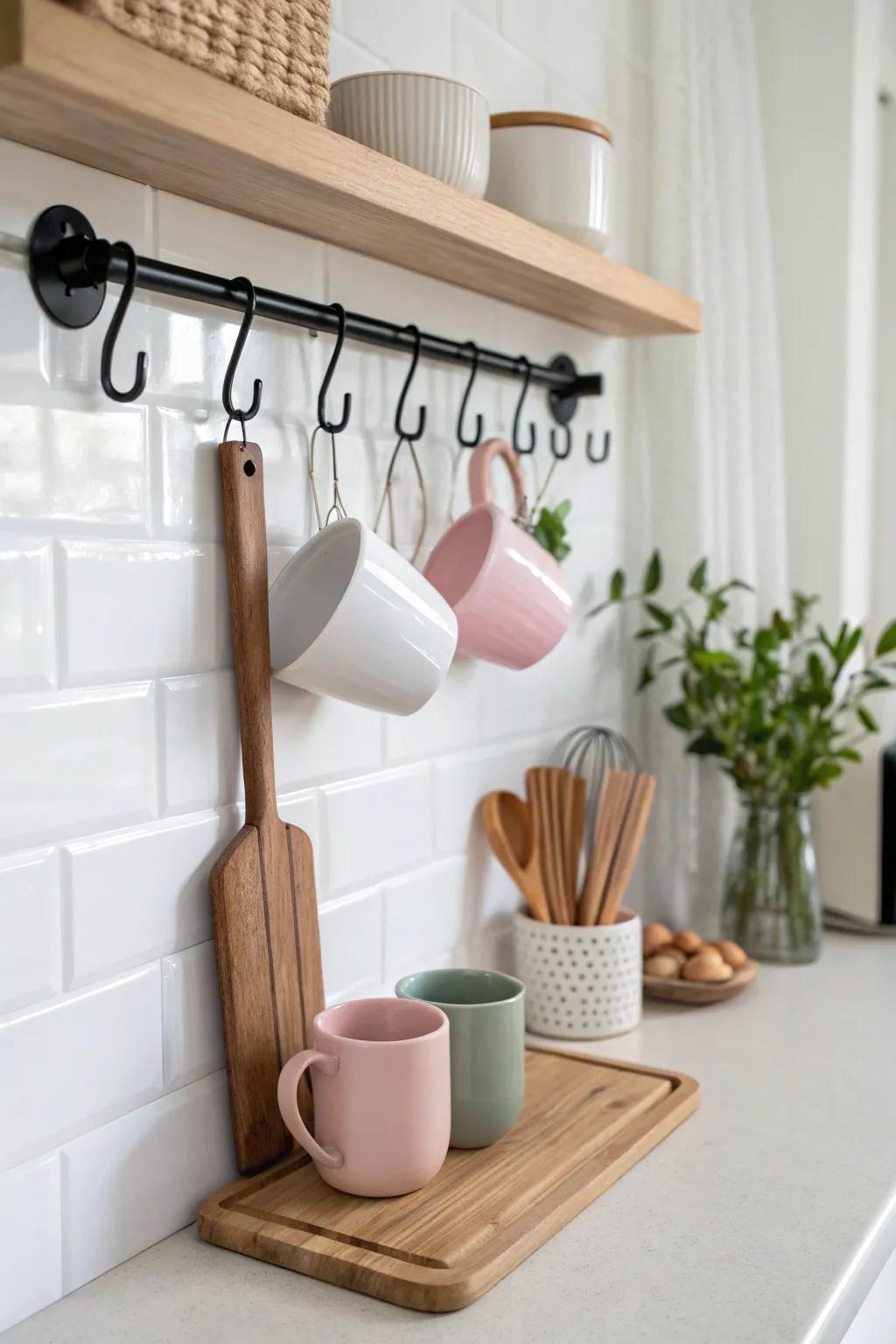 Boost your kitchen's organization with stylish hooks—a minimalist approach that unifies practicality and elegance.