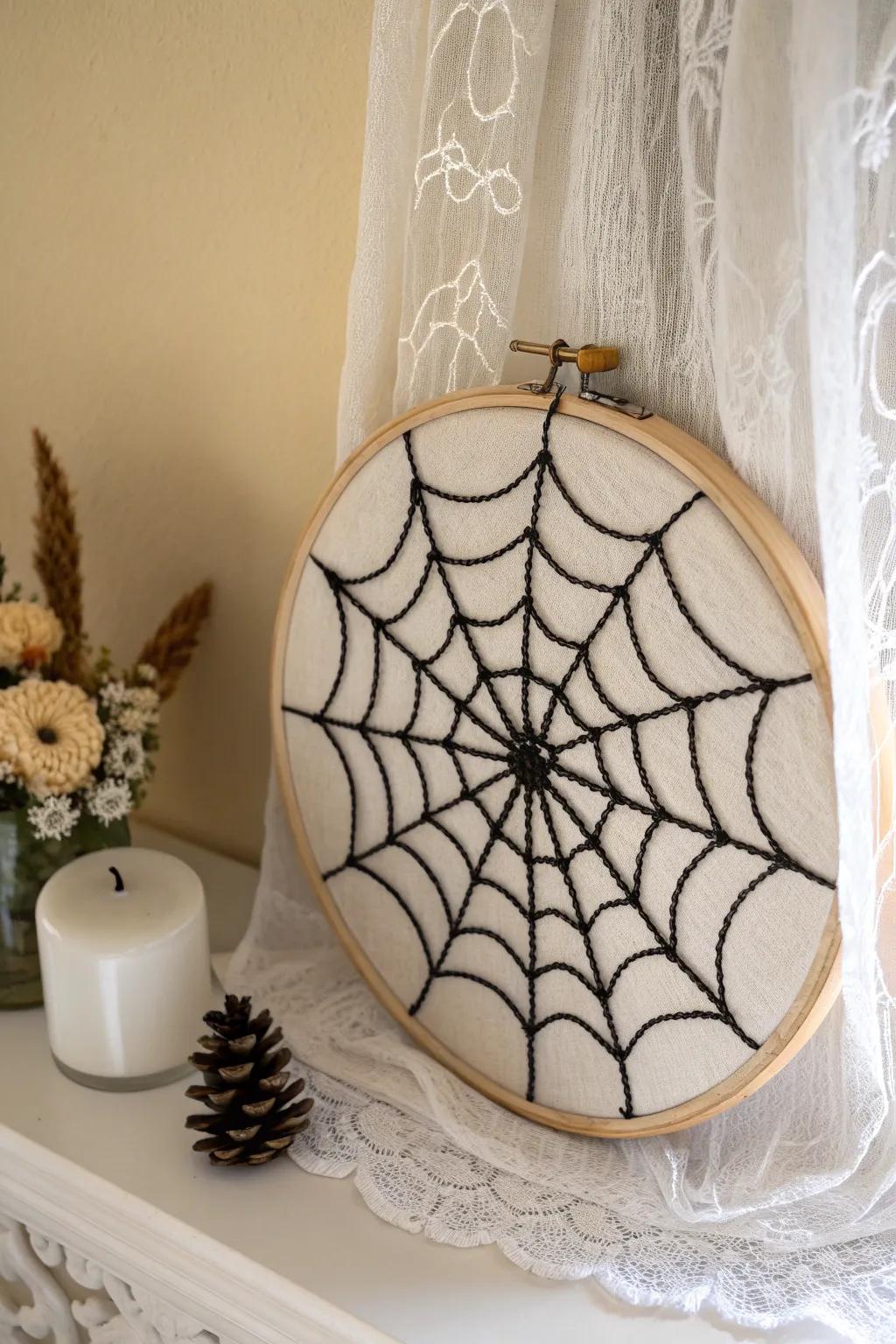 Enhance your mantel decor with this stylish cobweb stitchwork circle, where spookiness encounters Scandinavian sophistication.
