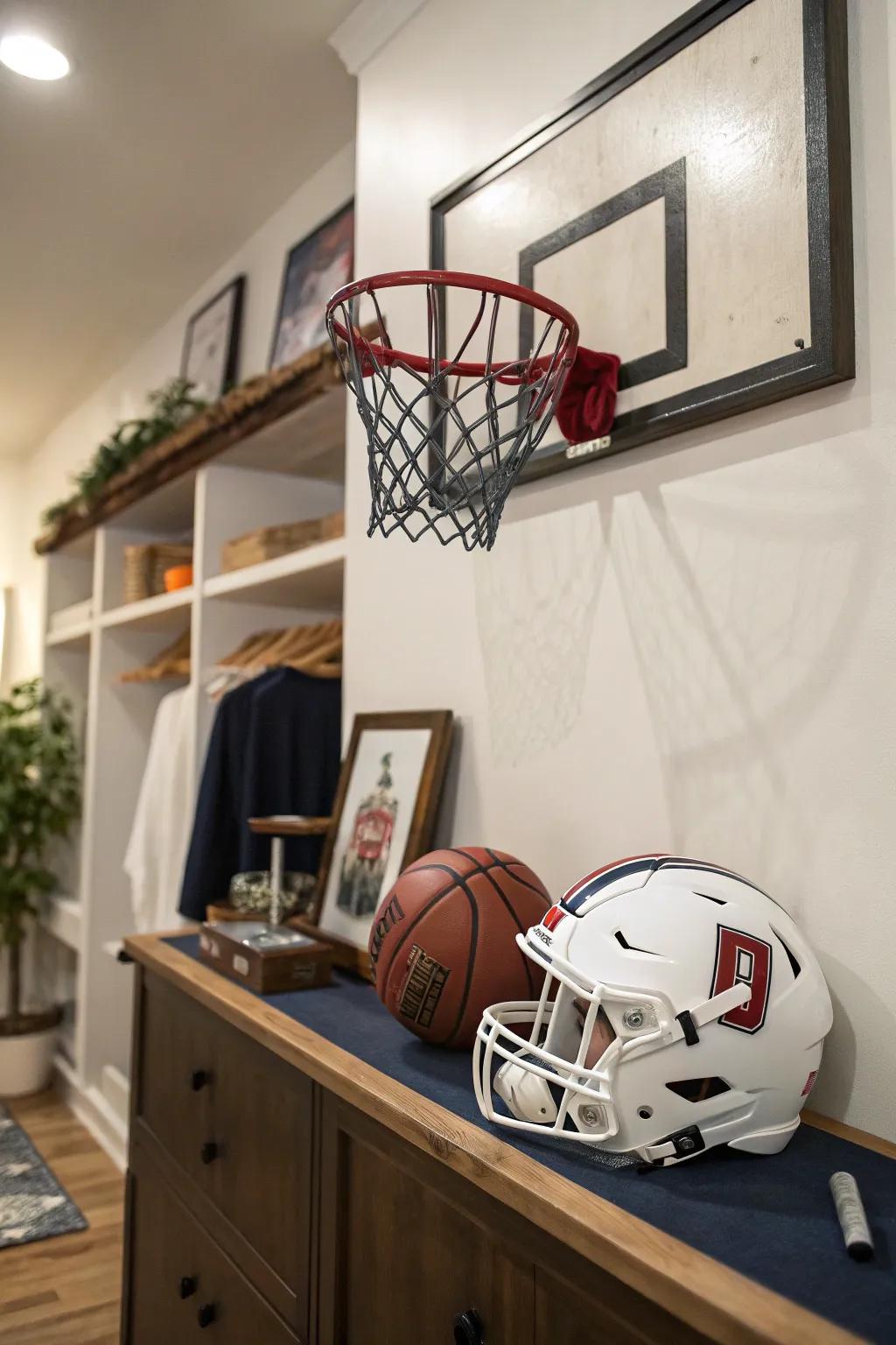 Sports gear integrated as decorative details.