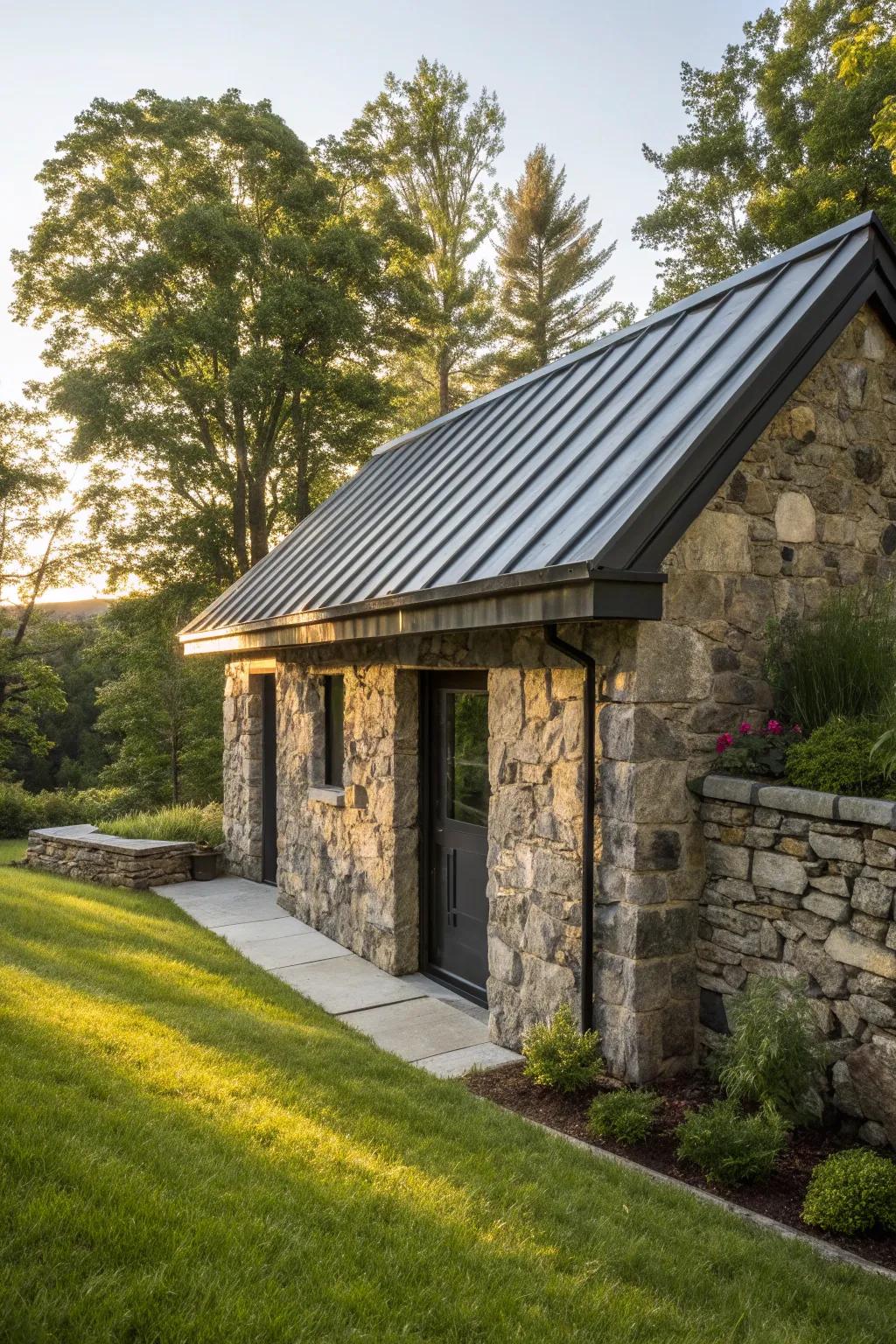 Uncover the ideal harmony of heritage and innovation via this contemporary stone and metallic outbuilding design.