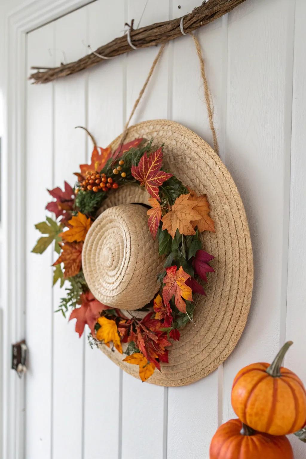 Cherish the warmth of autumn with this delightful straw bonnet garland, an impeccable fusion of boho refinement and seasonal splendor.