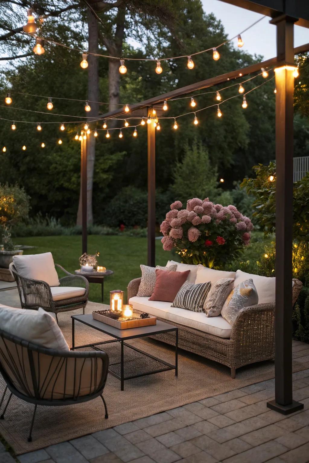 Lighting supports that are cleverly integrated with open-air furnishings create a seamless design.