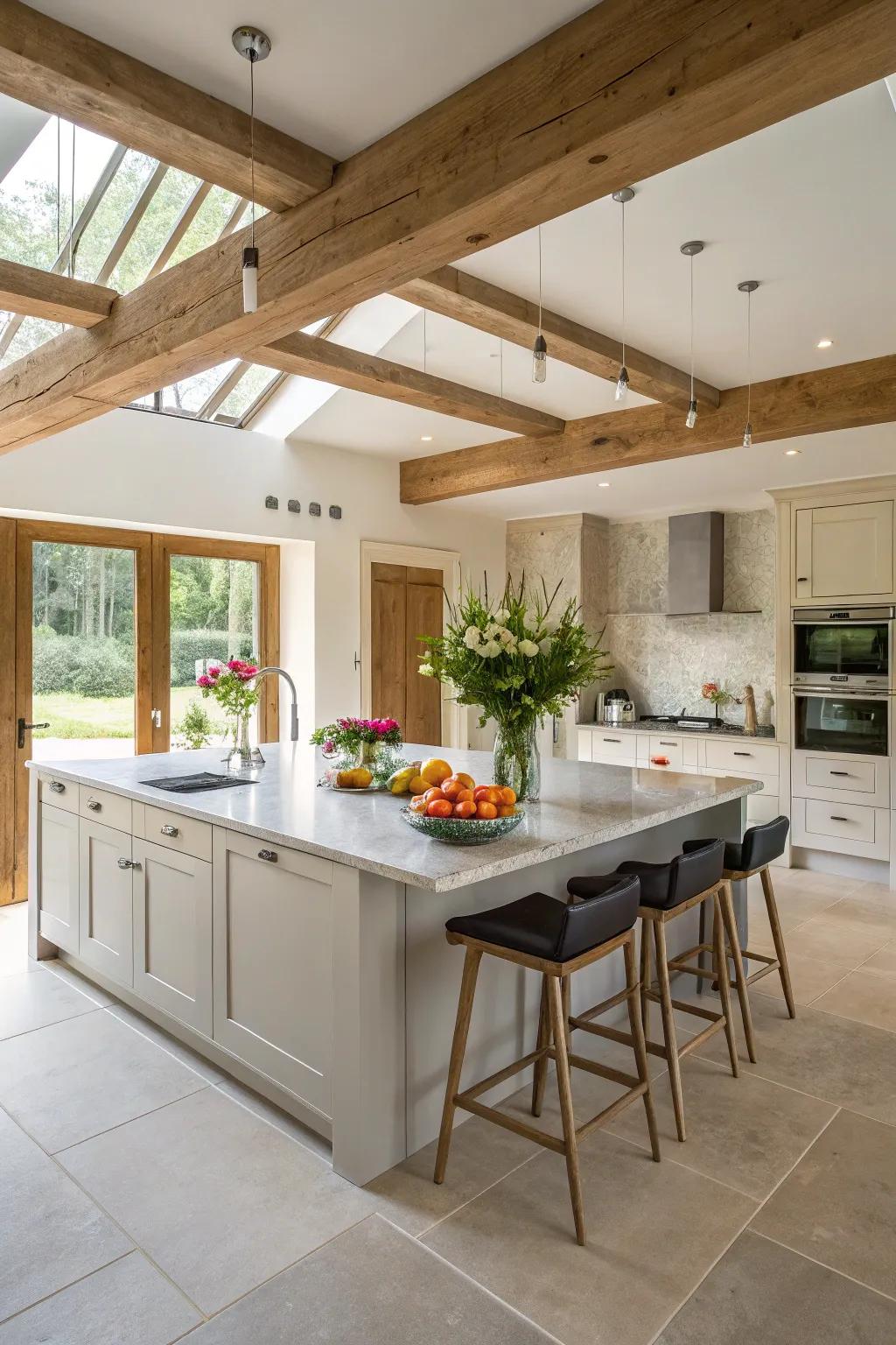 An open-concept kitchen featuring a support beam that subtly defines the space.
