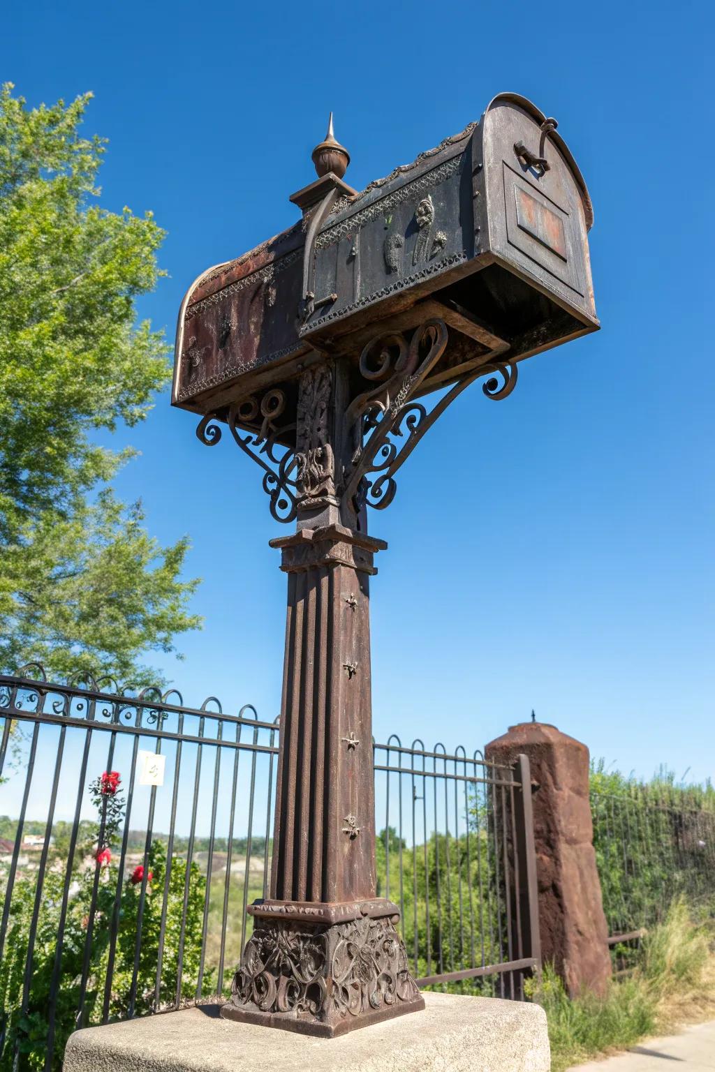 Convert heritage into usefulness with this striking iron mail receptacle mount.