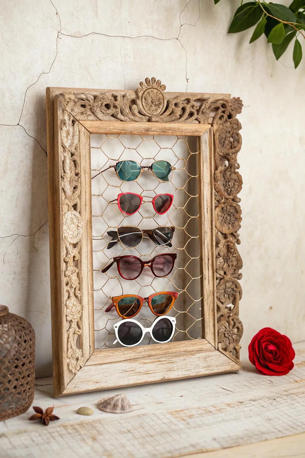 Elevate your sunglass display with this charming vintage frame holder, where simplicity meets style.
