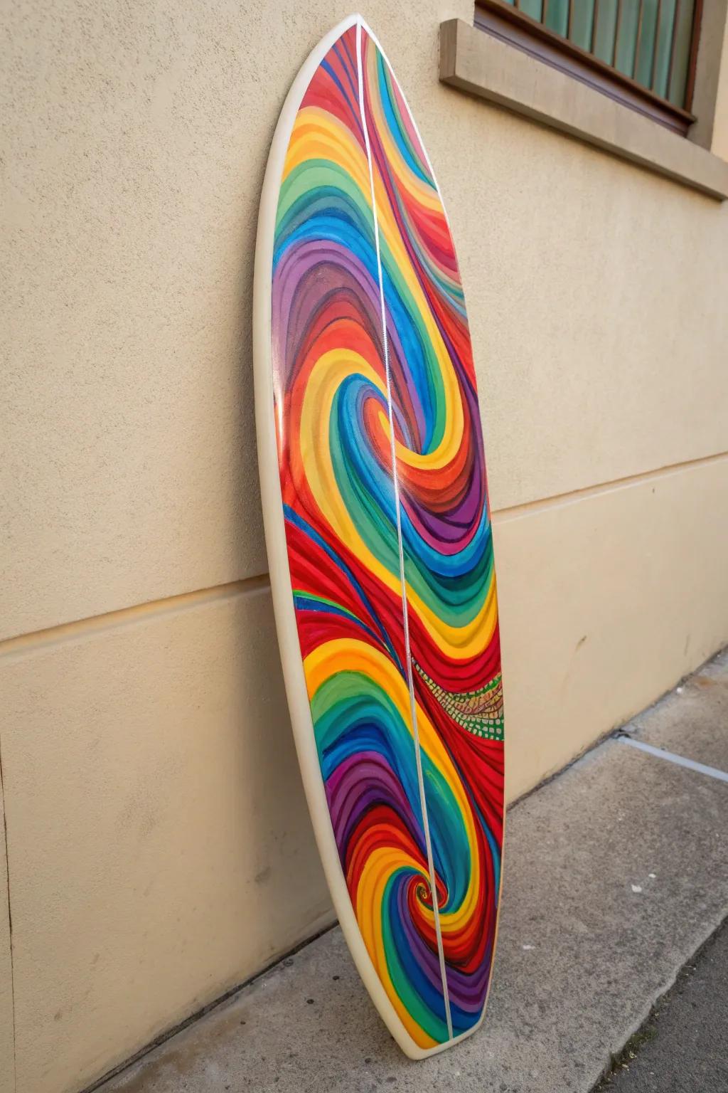 Capture the wave of inventiveness with striking rainbow twirls, transforming each surf into a vibrant escapade.