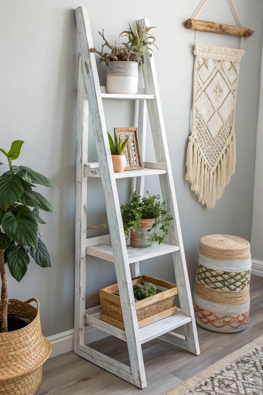 Repurpose with Beauty: Turn an Old Step Ladder into a Chic Shelf for Your Plants 🌿✨ #ThriftFlip #BohoMinimalism