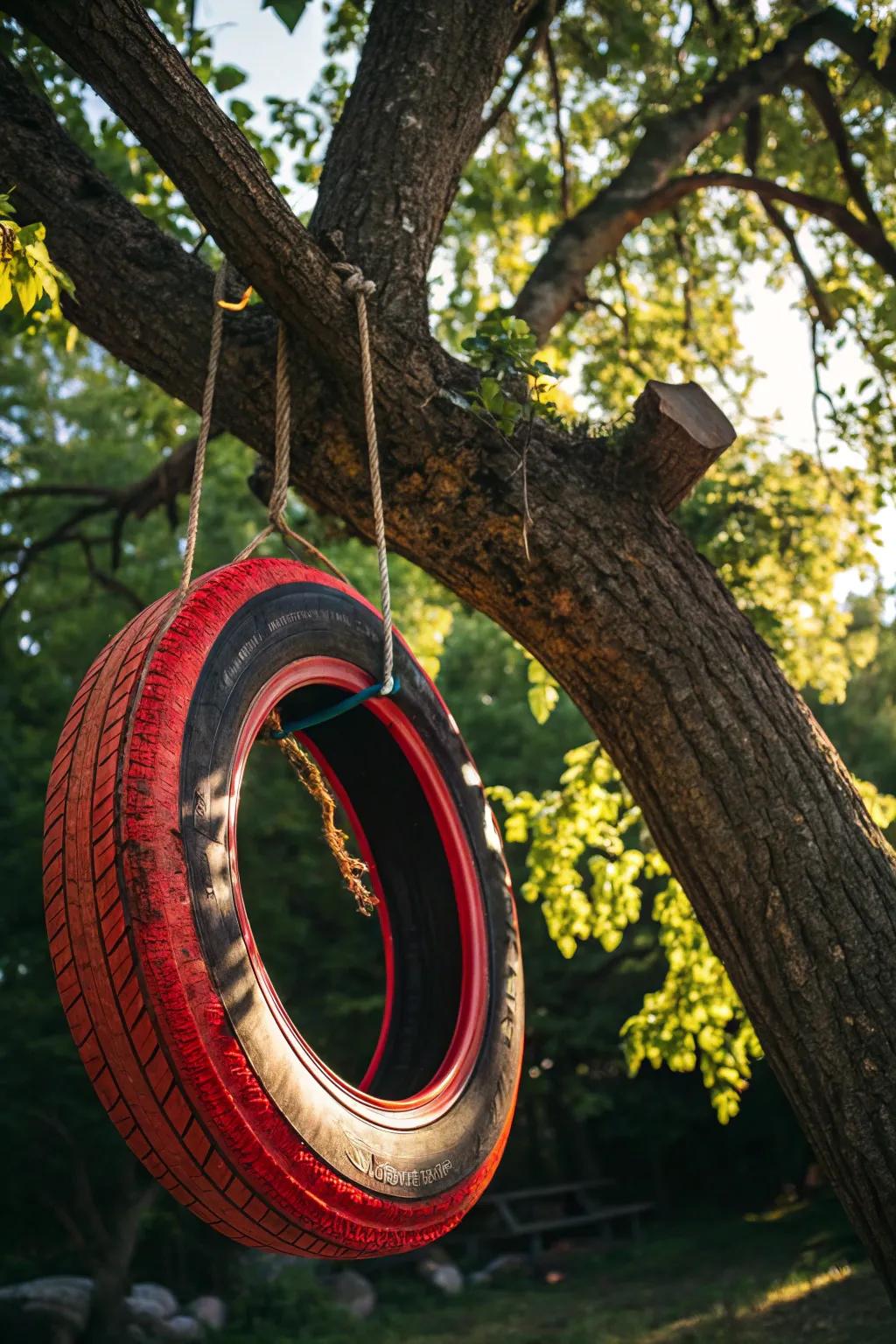 Rediscover the delight of a traditional tire swing, where skillful creation converges with playful affection.