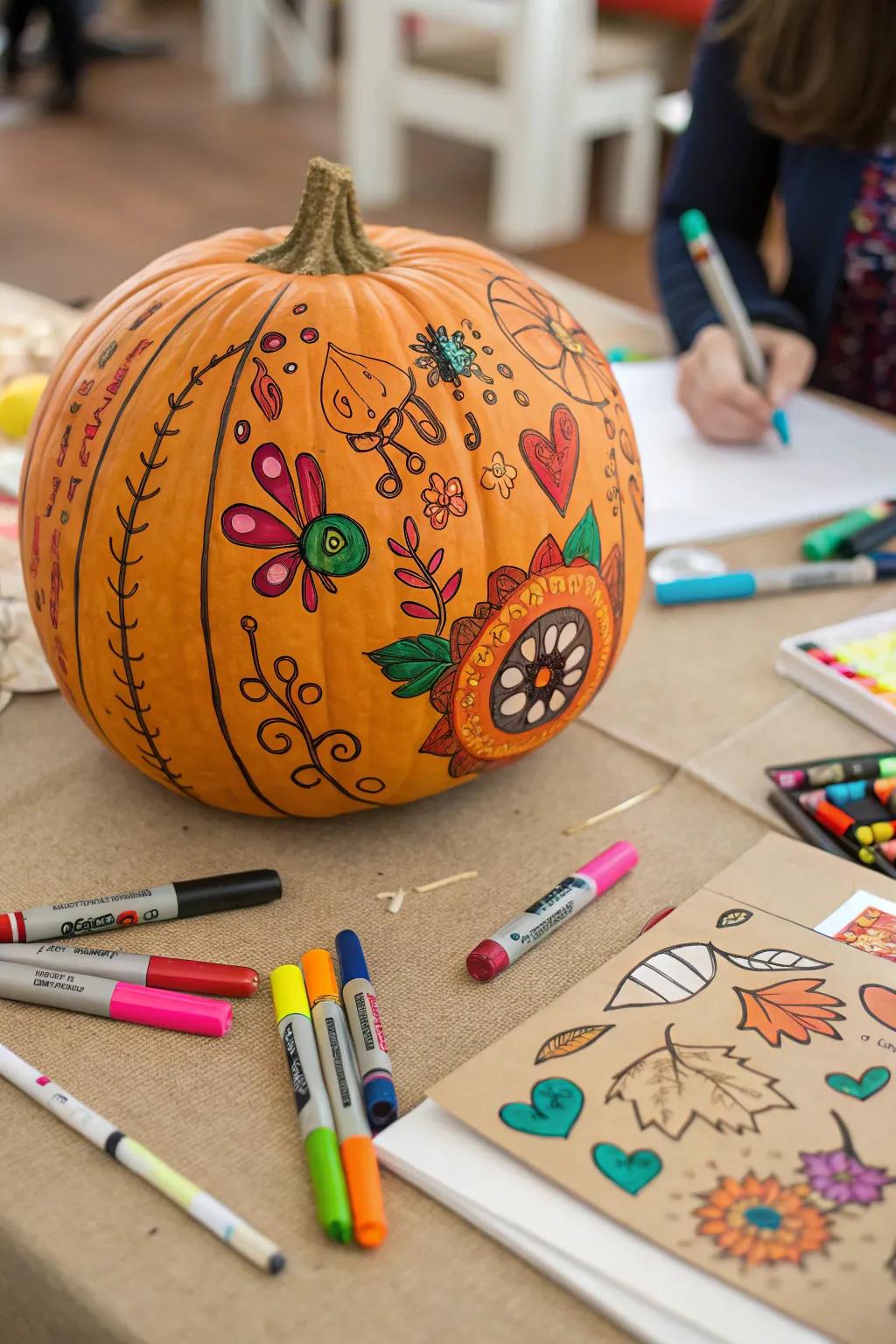 A pumpkin adorned with scribbles and drawings from little hands.