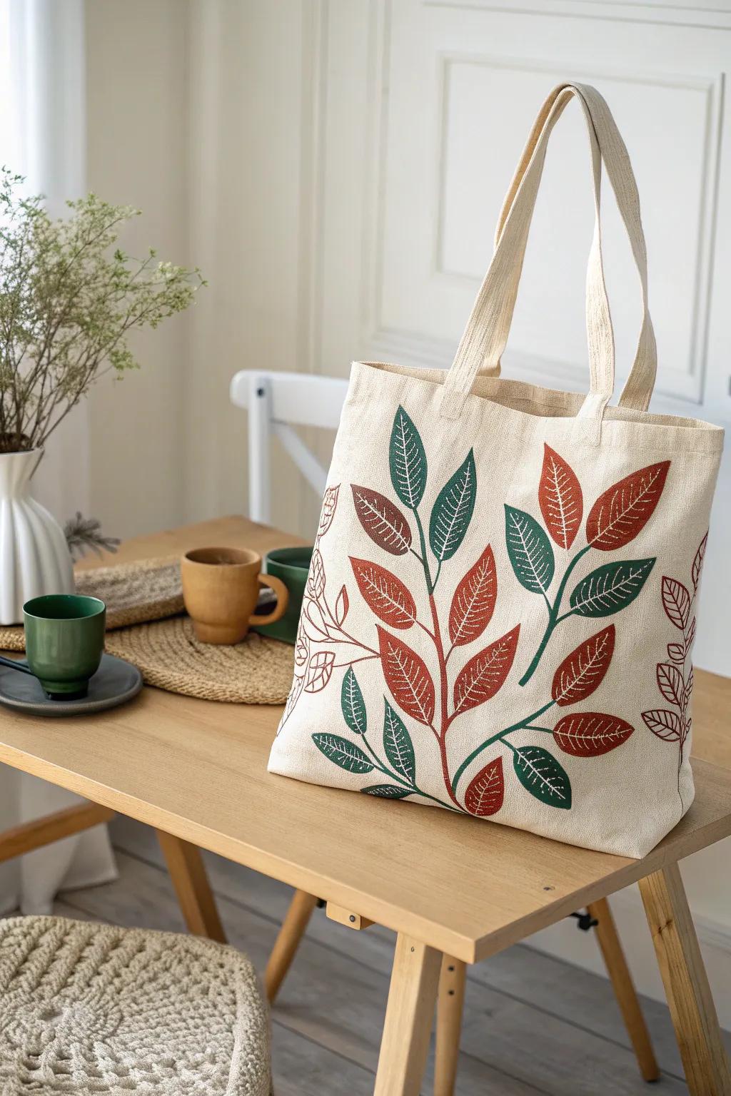 Enhance your tote with stencil-drawn nature art for a minimalist, refined feel.