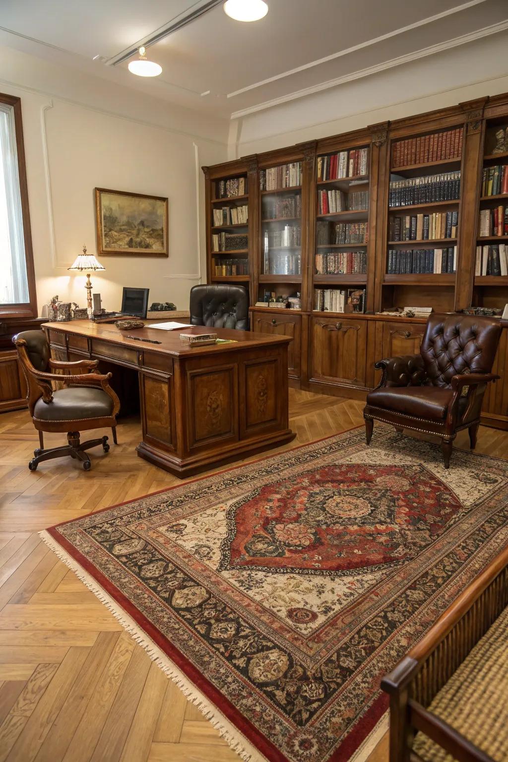 A conventional floor covering introduces comfort and sophistication to any office.