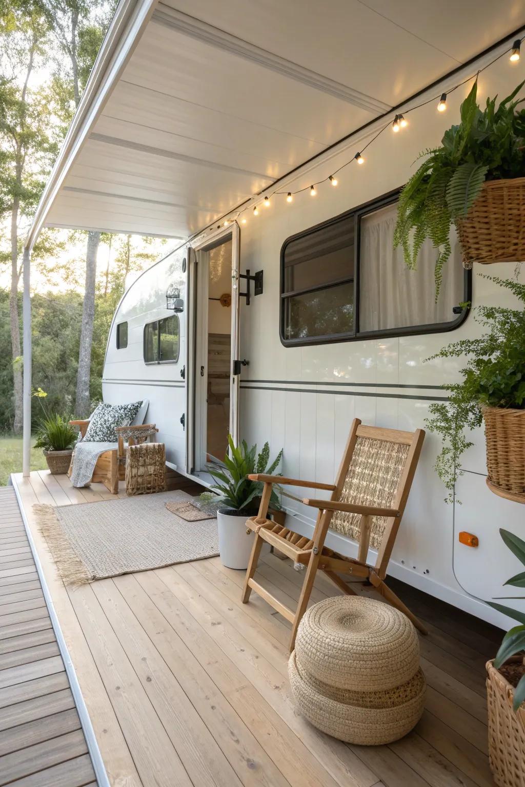 Morning calmness on a protected veranda – your ideal getaway from irritating bugs. ☕🌿 #RVLife #ScandiBoho