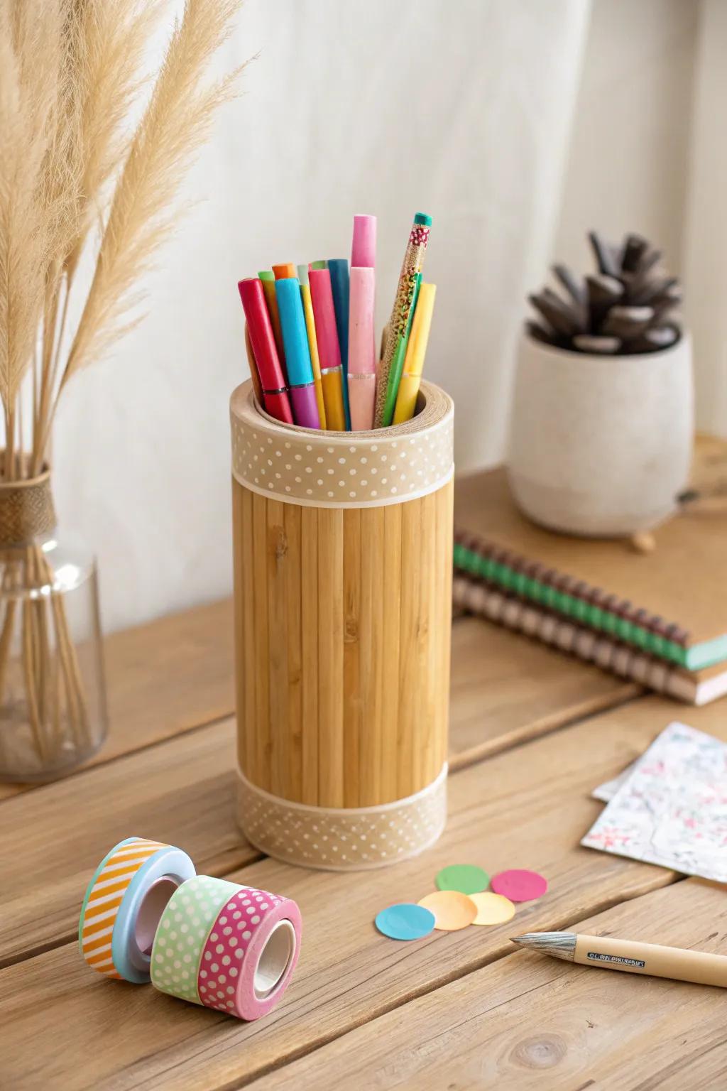 Unleash ingenuity via the quintessential stationery astonishment, elegantly lodged within a chic bamboo container.