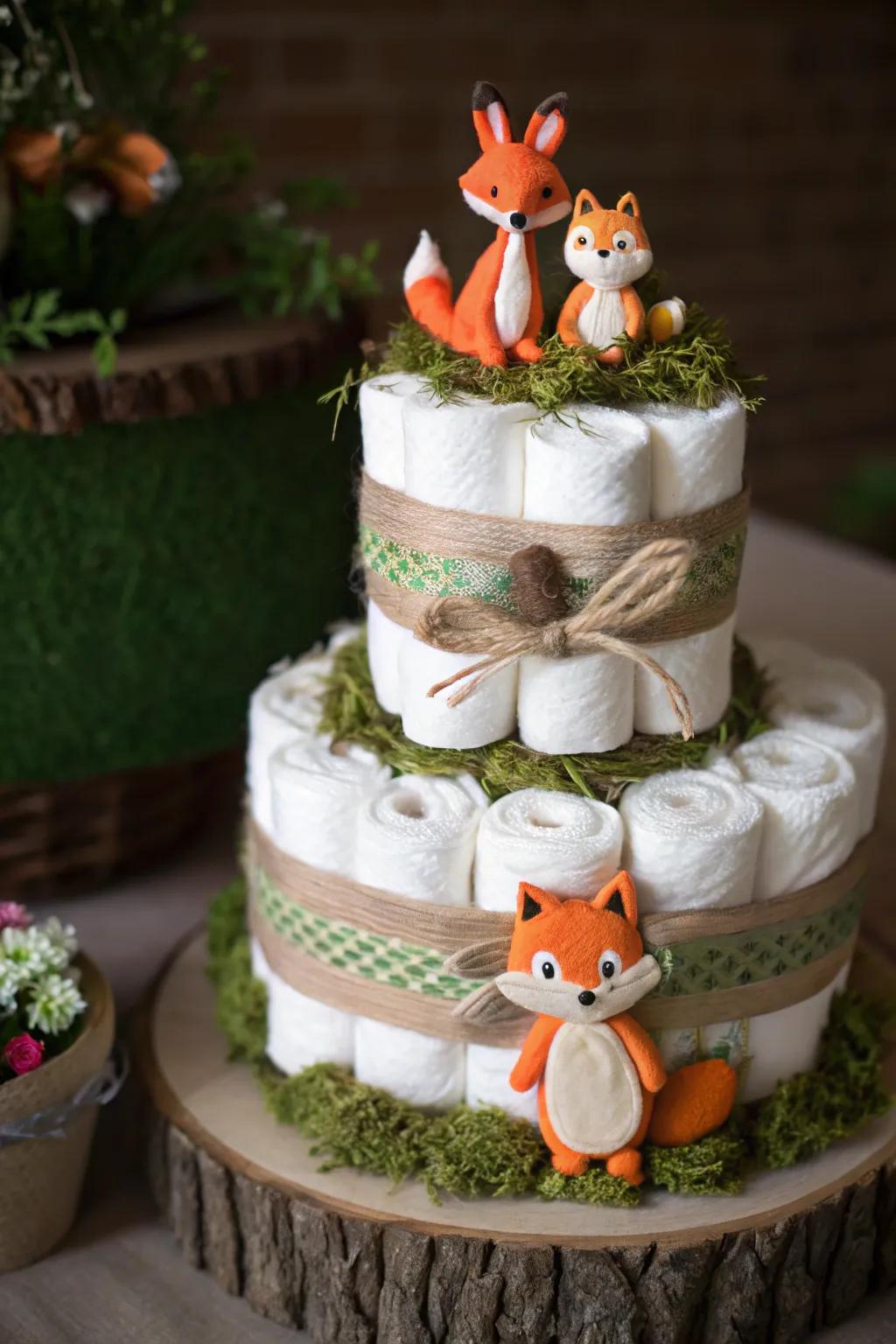 Discover the allure of the wilderness through this handcrafted woodland creature diaper cake, an excellent choice for the nature-loving little one.
