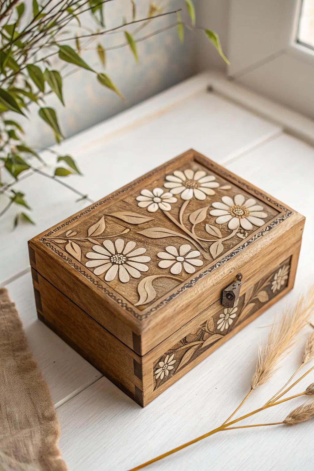 Refined Engravings: Alter an ordinary wooden box into an eye-catching showpiece via elaborate floral engravings.