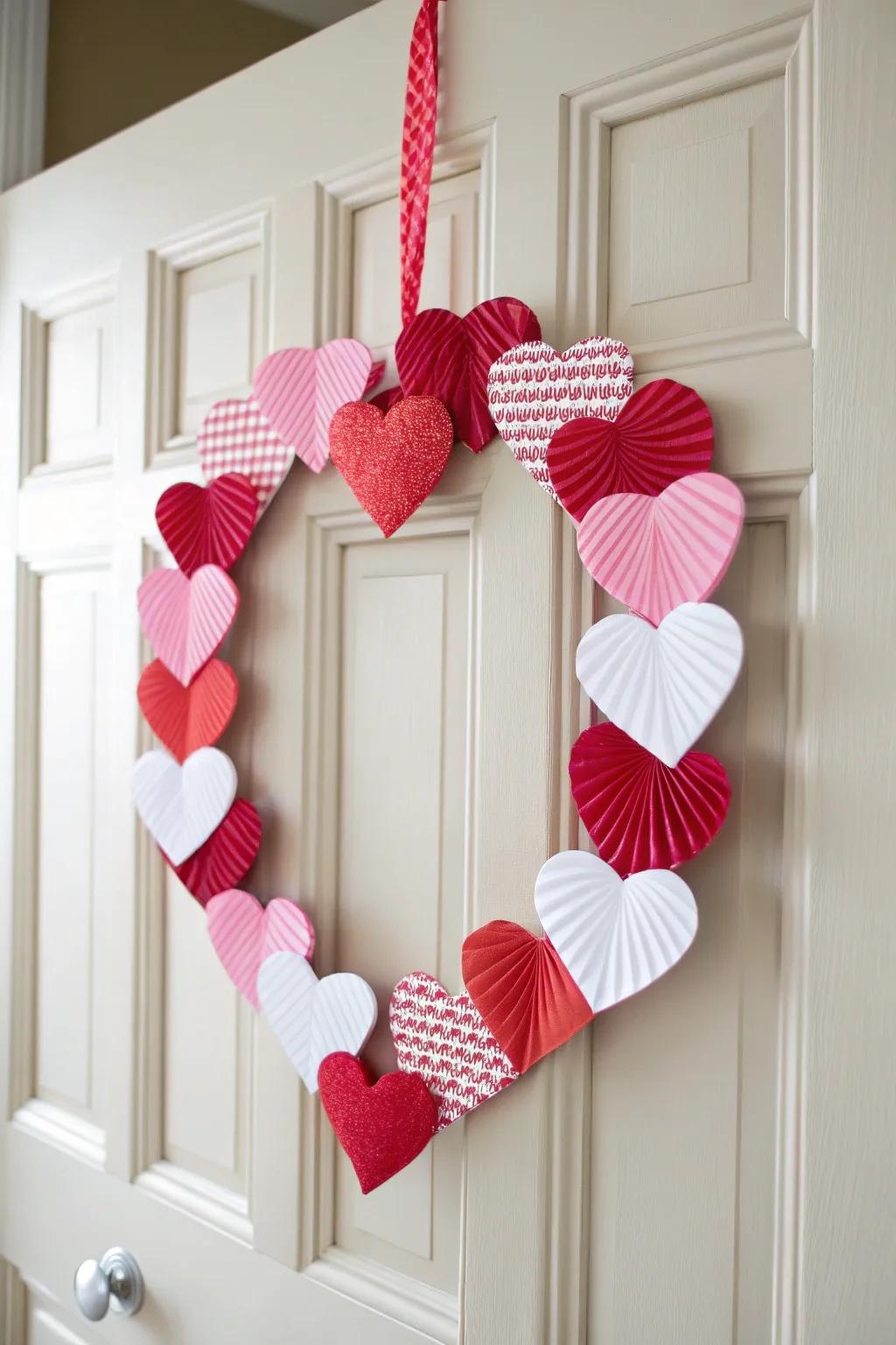 Celebrate love with a touch of handcrafted charm: a vibrant paper heart wreath that's perfect for little creative hands.