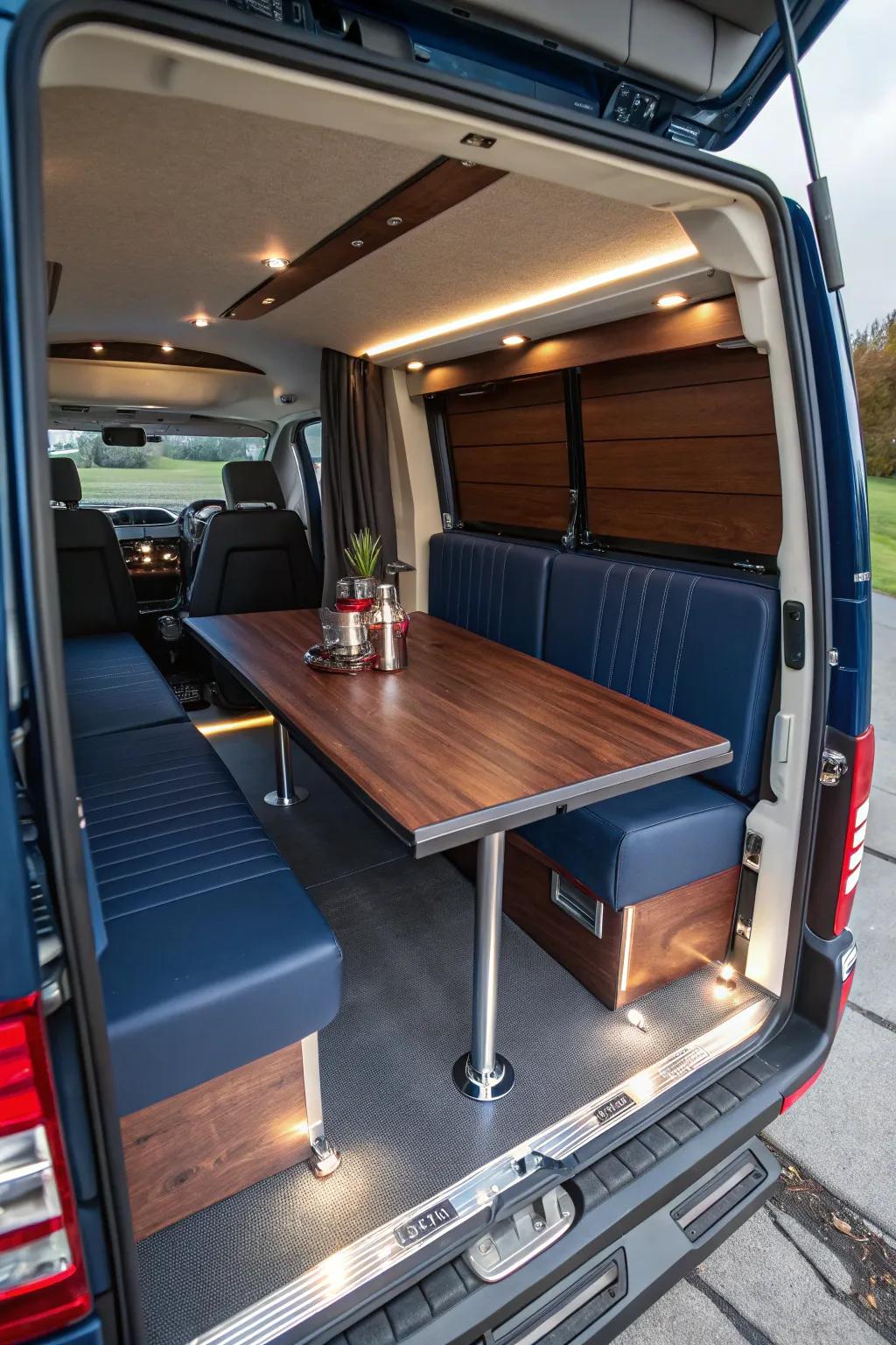 Change your space: Ingenious rising table design for ultimate van versatility.