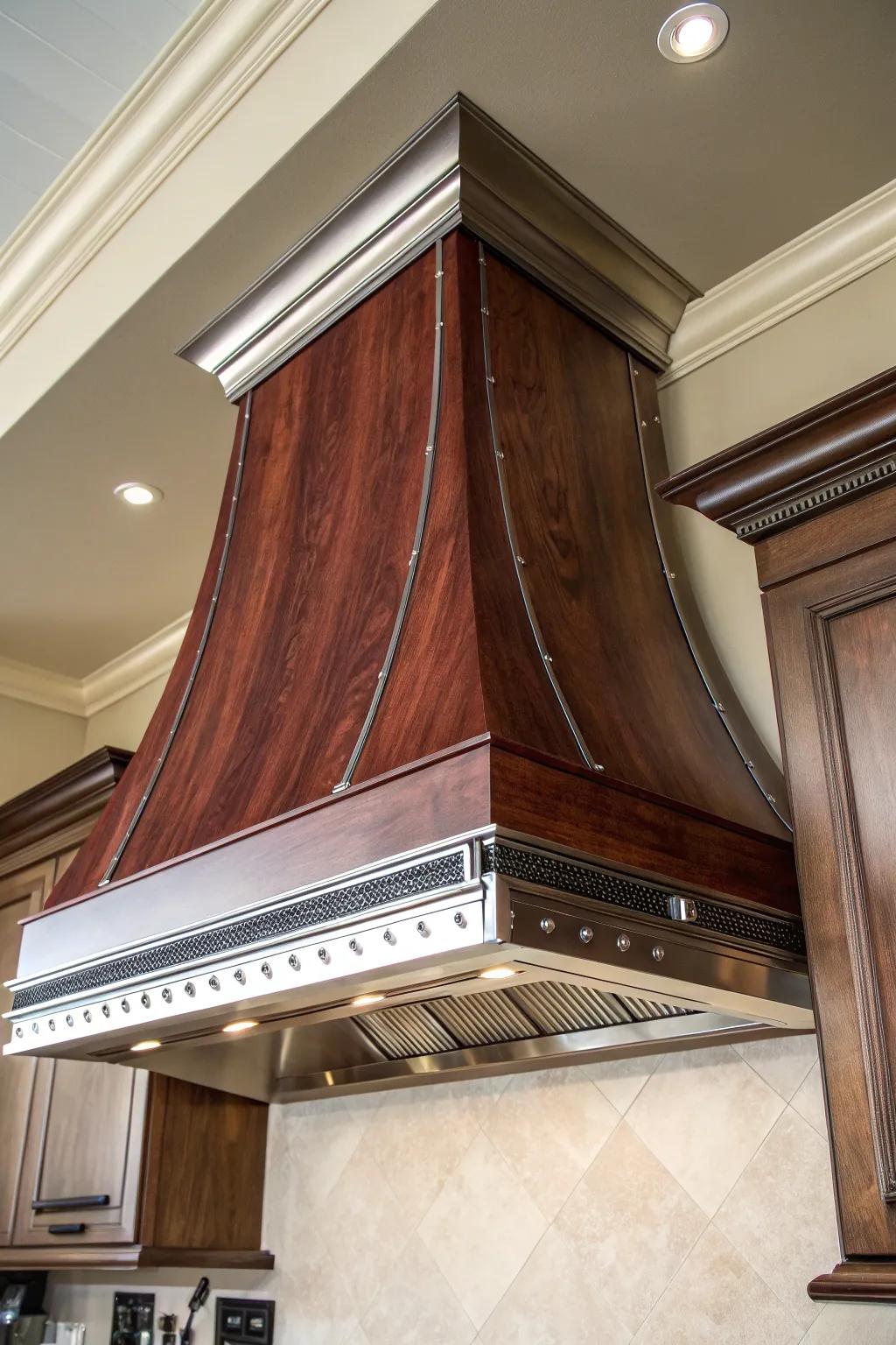 Enhance your cooking area with a range hood that melds the warmth of wood and the sleekness of metal for a captivating display.