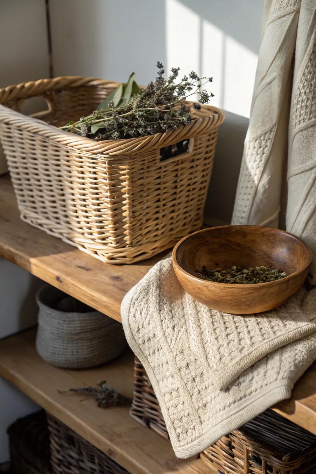 A surface-rich vignette featuring baskets and throws.