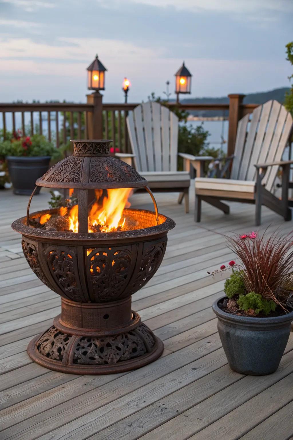 Gather close to the fire: Where artistry converges with comfort on a stunning outdoor floor.