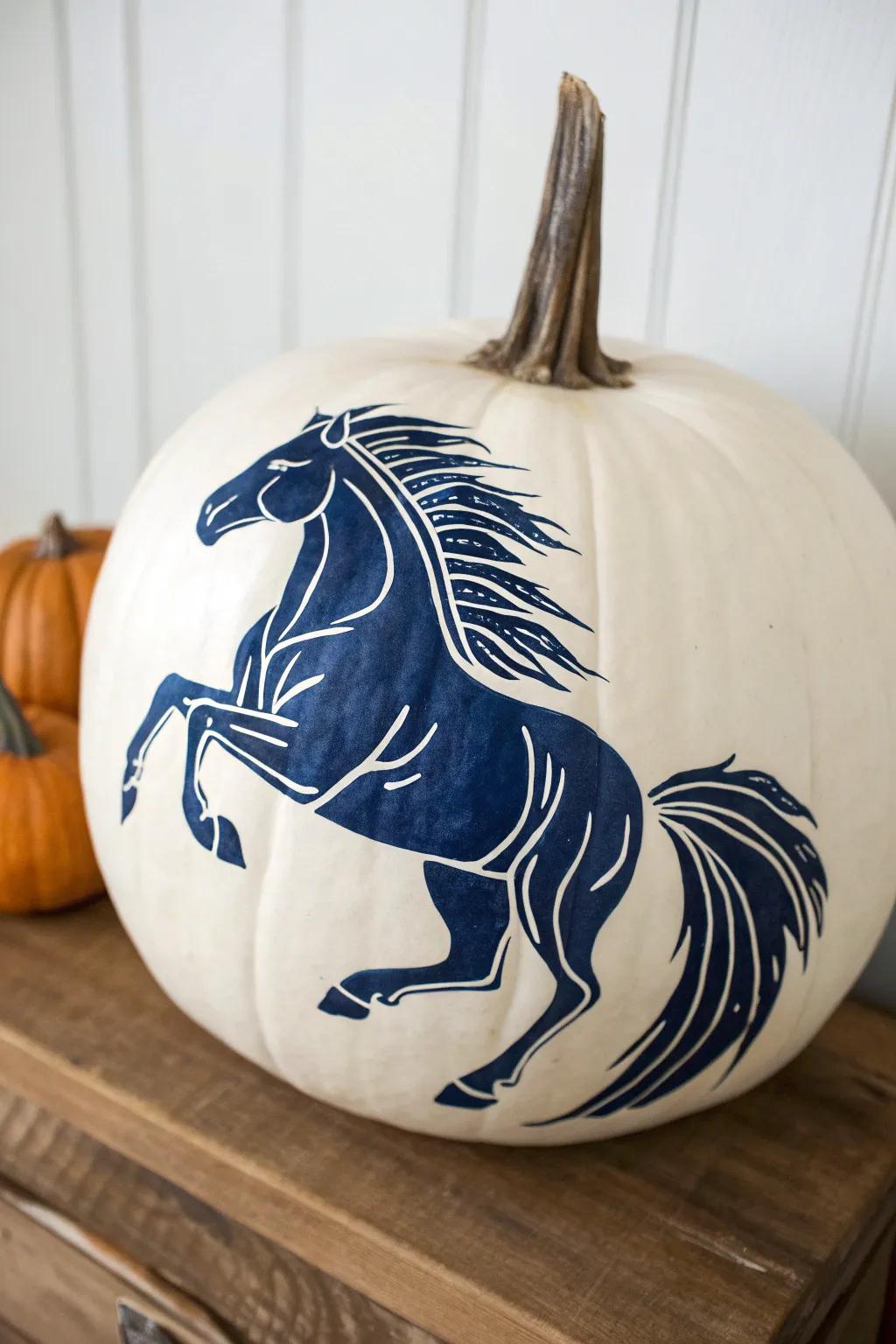 Unleash the spirit of the Old West with this full-tilt horse pumpkin art, where minimalist design complements daring expression.