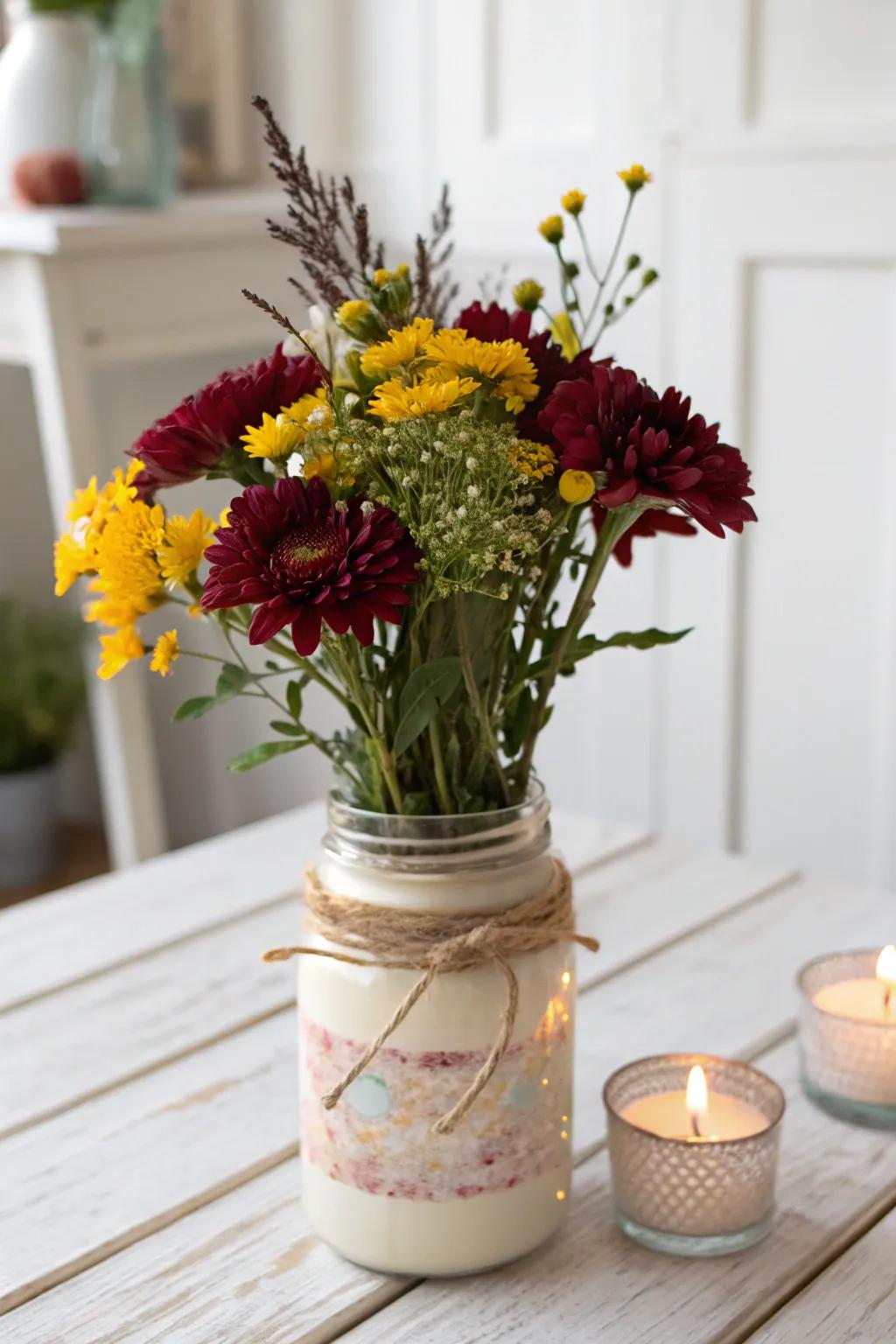 Turn your old candle containers into breathtaking vases by adding a dash of creativity and nature's allure. #UpcycleElegance