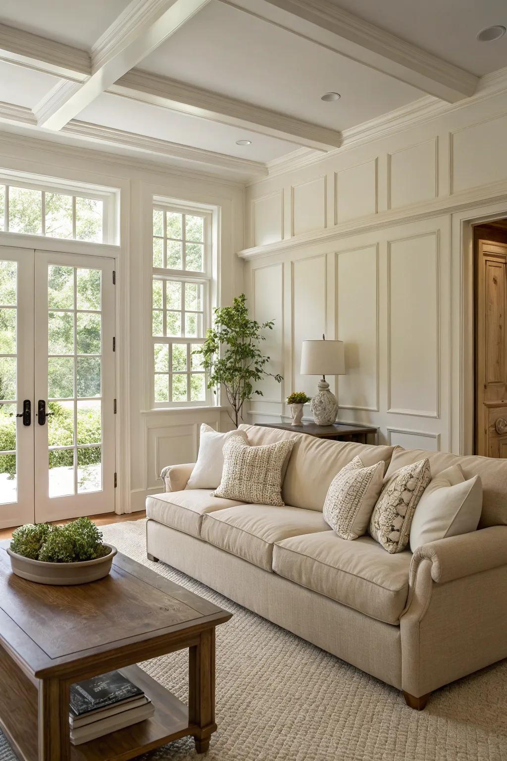 Refined elegance is achieved with beige and white equilibrium.