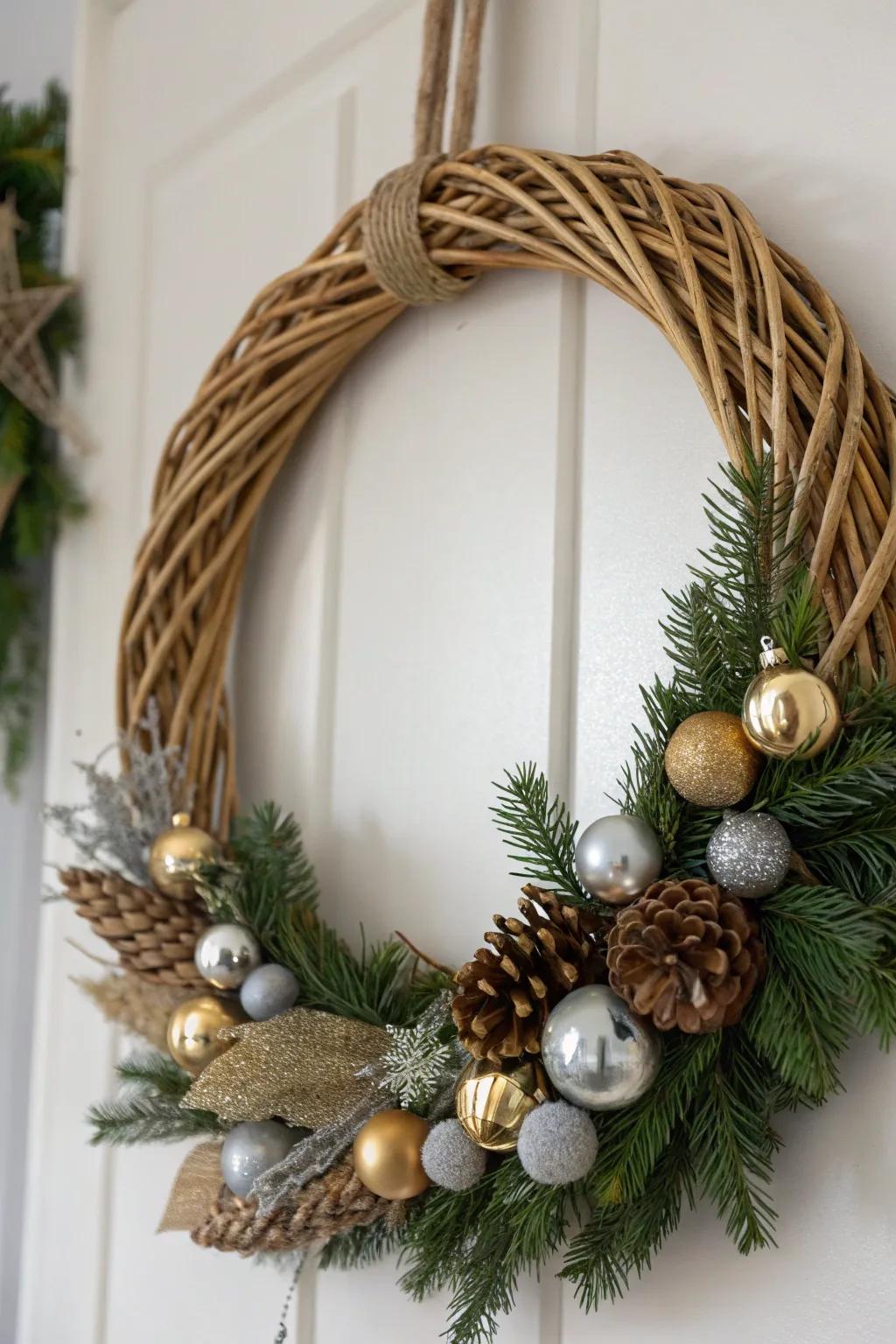Add a touch of holiday glimmer to your home with this elegant wicker wreath adorned with festive ornaments.