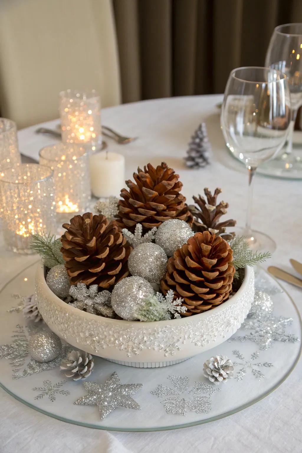 Craft elegant, nature-inspired focal points with subtly shimmering pinecones.