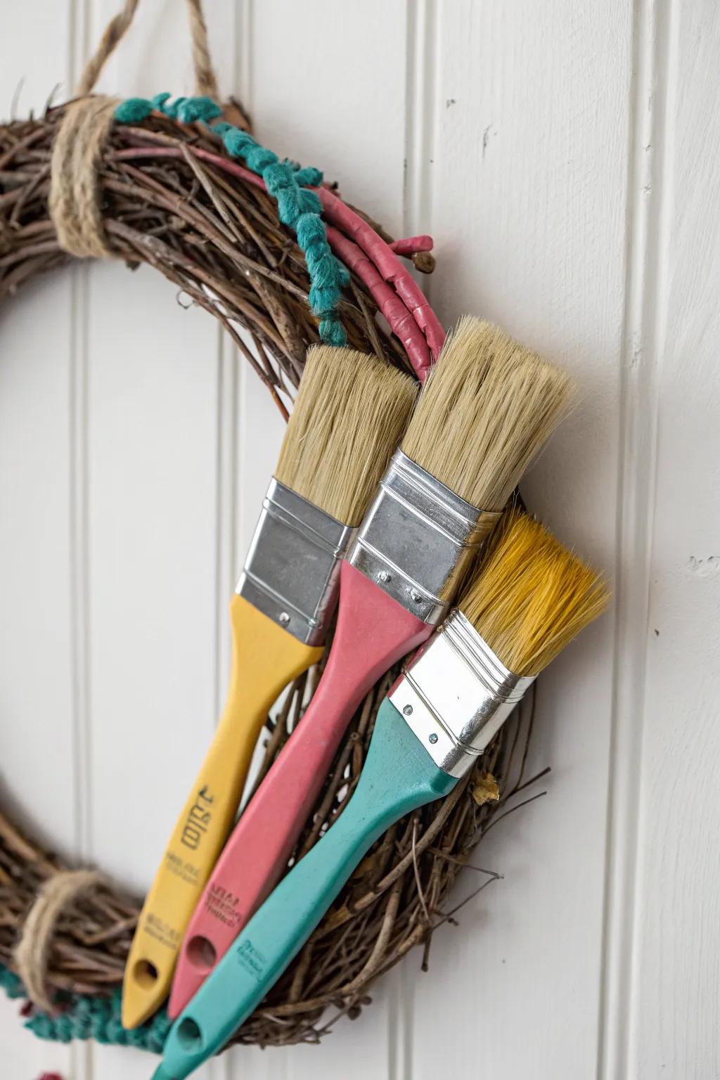Transform your studio into a haven of inspiration with this charming paintbrush wreath, merging minimalist sophistication with bold, artistic flair.