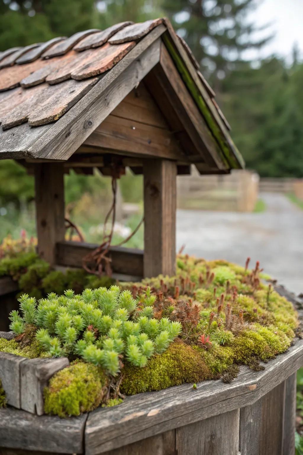Enhance your garden with a captivating flourishing roof for your wishing well, merging eco-friendly allure with skilled artistry.