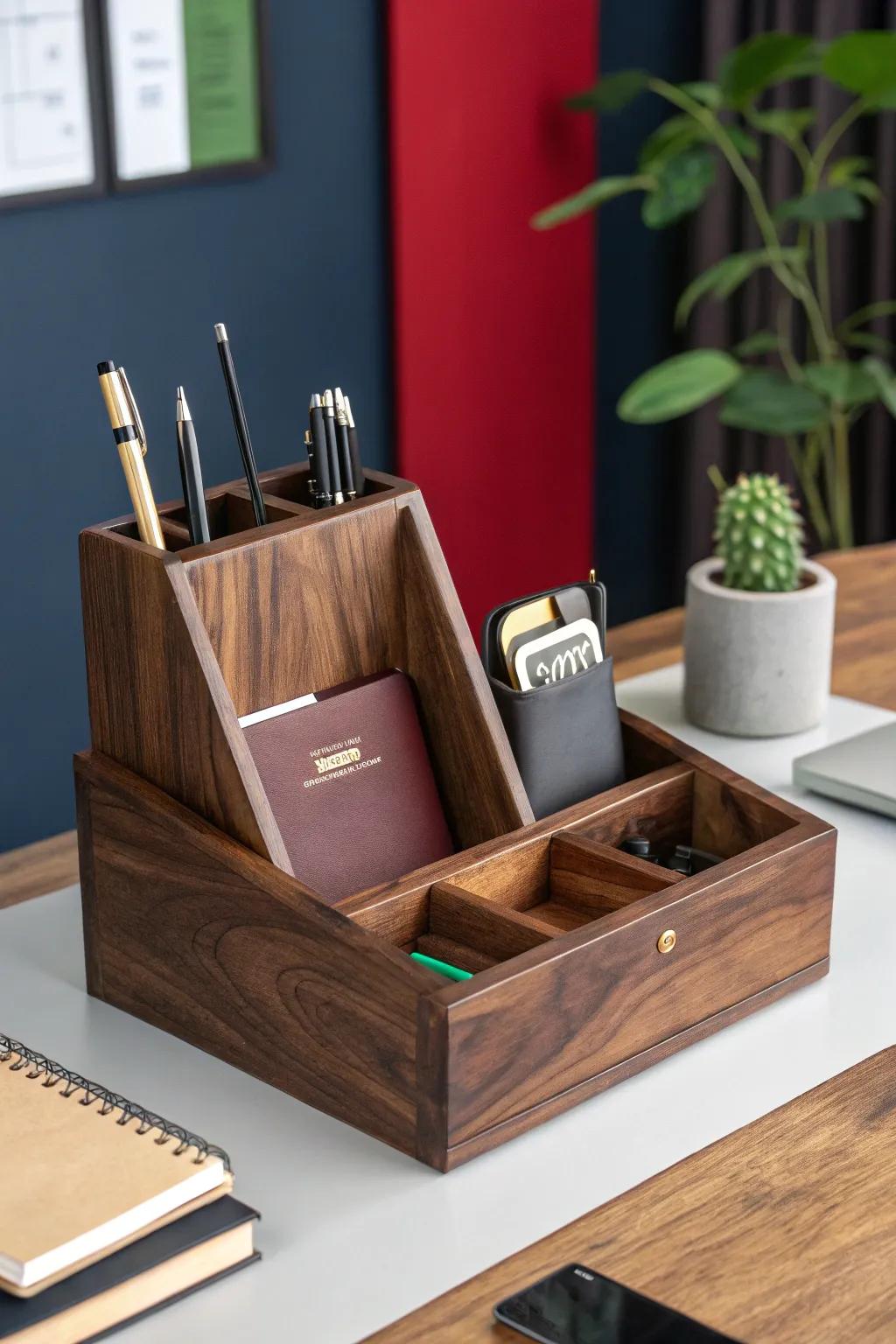 Improve your workspace with a handcrafted wooden organizer that unifies functionality with everlasting style.