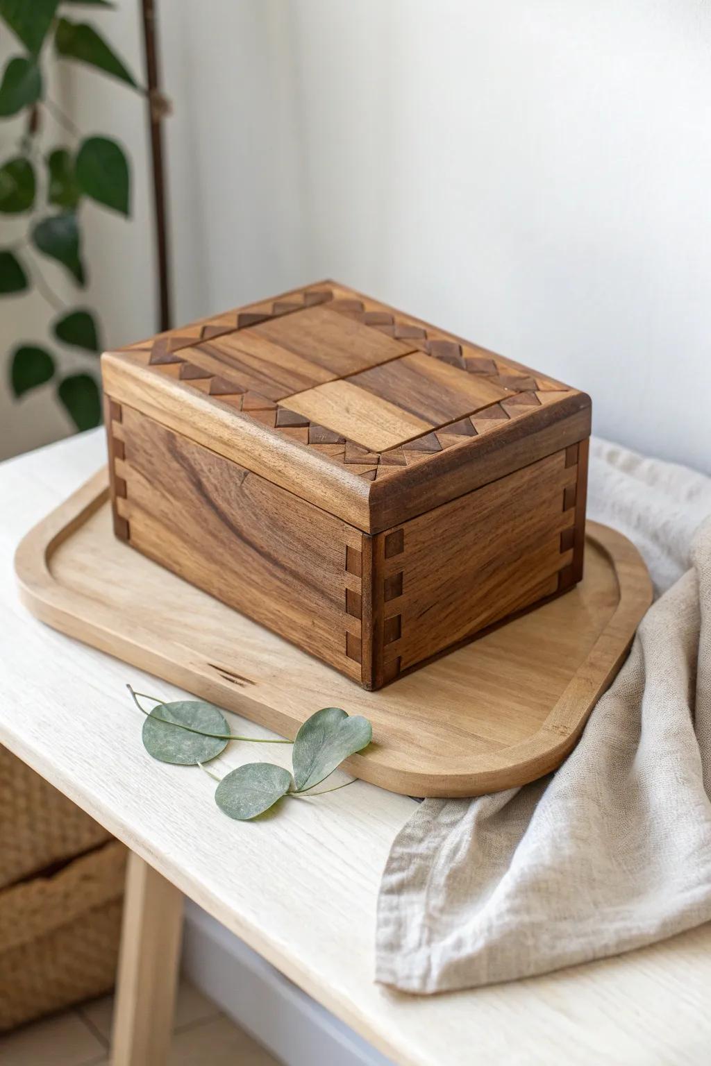 Unlock the enigma and artistic beauty of this handmade wooden riddle box.