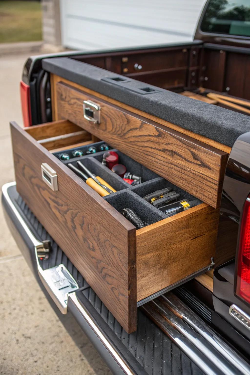 Enhance your pickup through a handcrafted mahogany stowage system melding practicality with elegance.