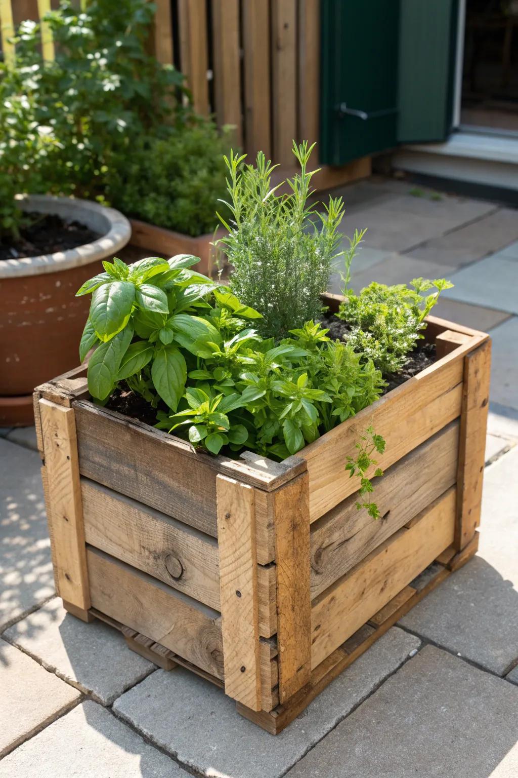 Transform rustic into lush: Craft your own herb paradise with a wooden box planting bed.