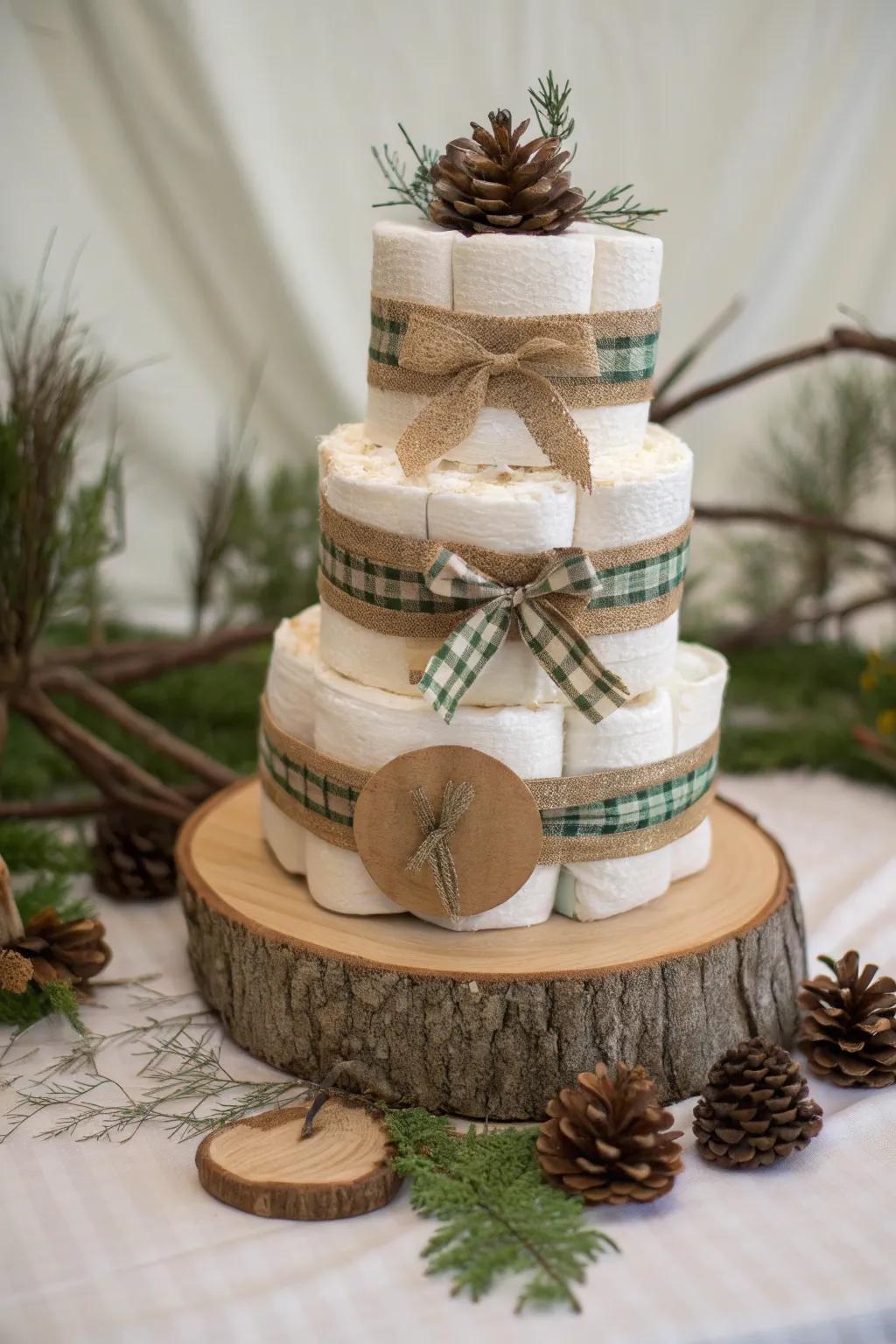 Embrace rustic charm through an arboreal nappy cake, where comforting tactile elements harmonize with innate splendor.