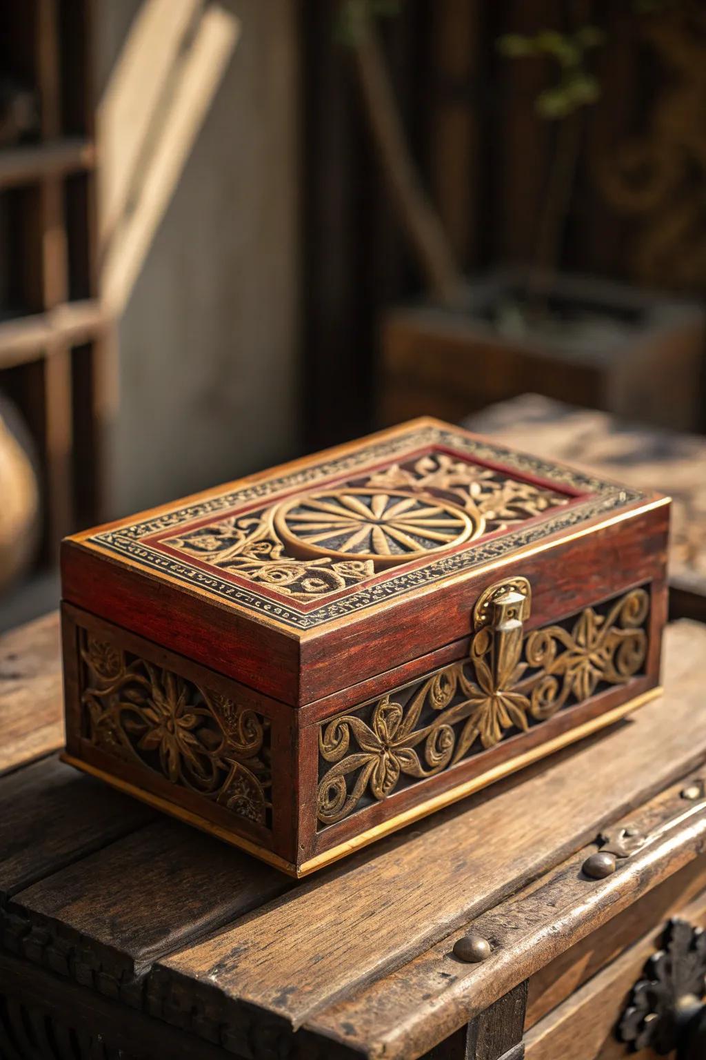 Masterpiece of Craftsmanship: An Elegant Wooden Keepsake Chest with Intricate Engravings