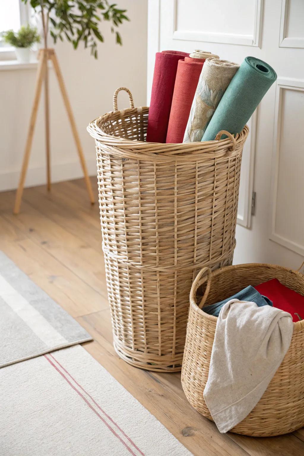 Improvise with Flair: Enhance your storage options with an elegant clothes hamper solution.