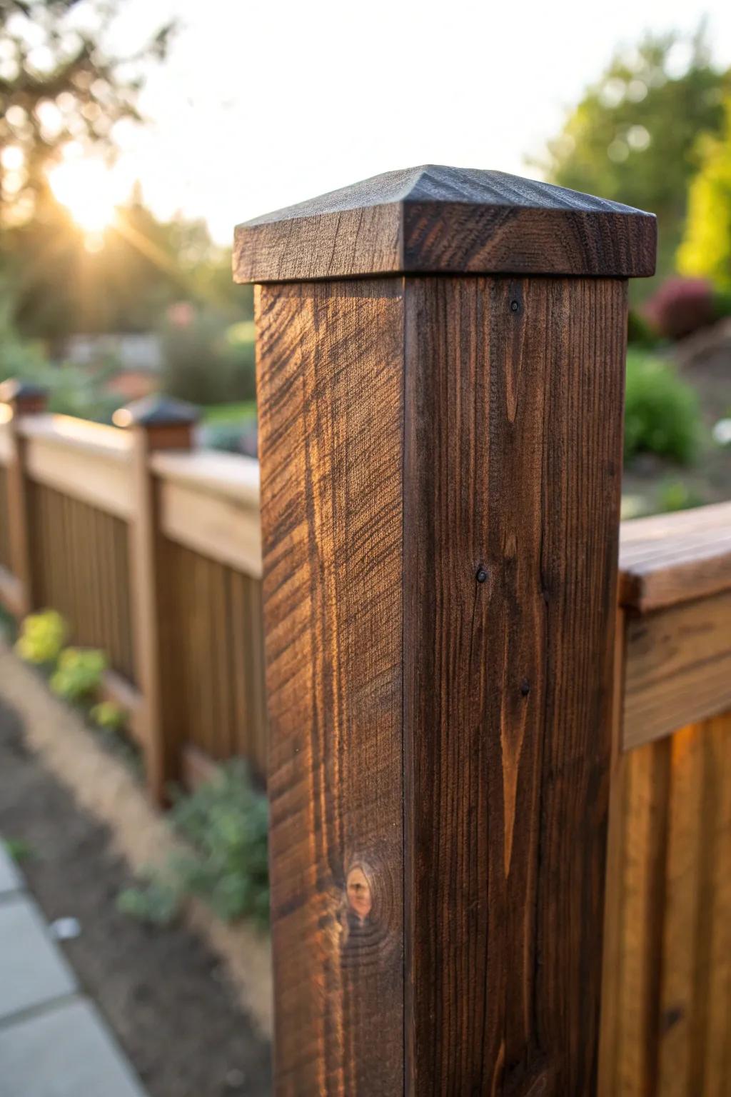 Transform your space with the captivating charm of a hued 4x4 post fence, infusing your outdoor refuge with depth and warmth.