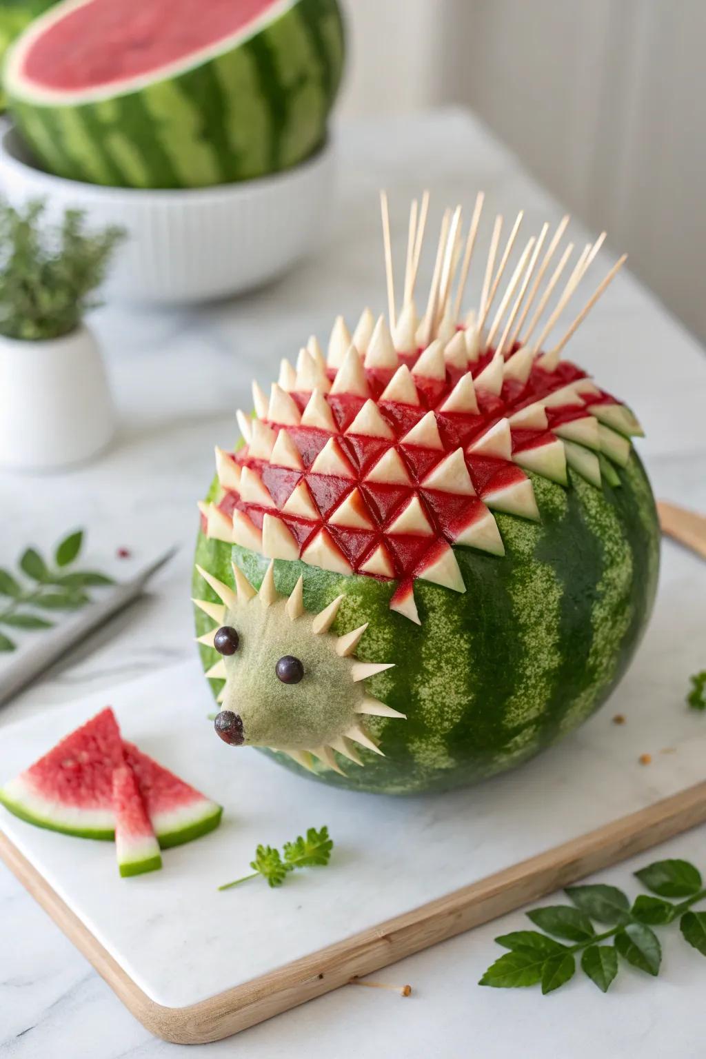 A playful tropical fruit hedgehog: A fun outdoor meal delight with a Scandinavian vibe!
