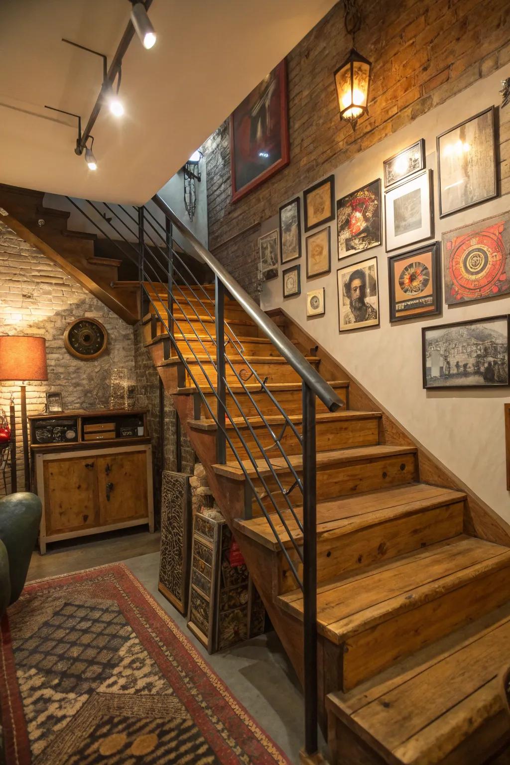 Mixed materials offer an original and stylish contrast for basement stairs.