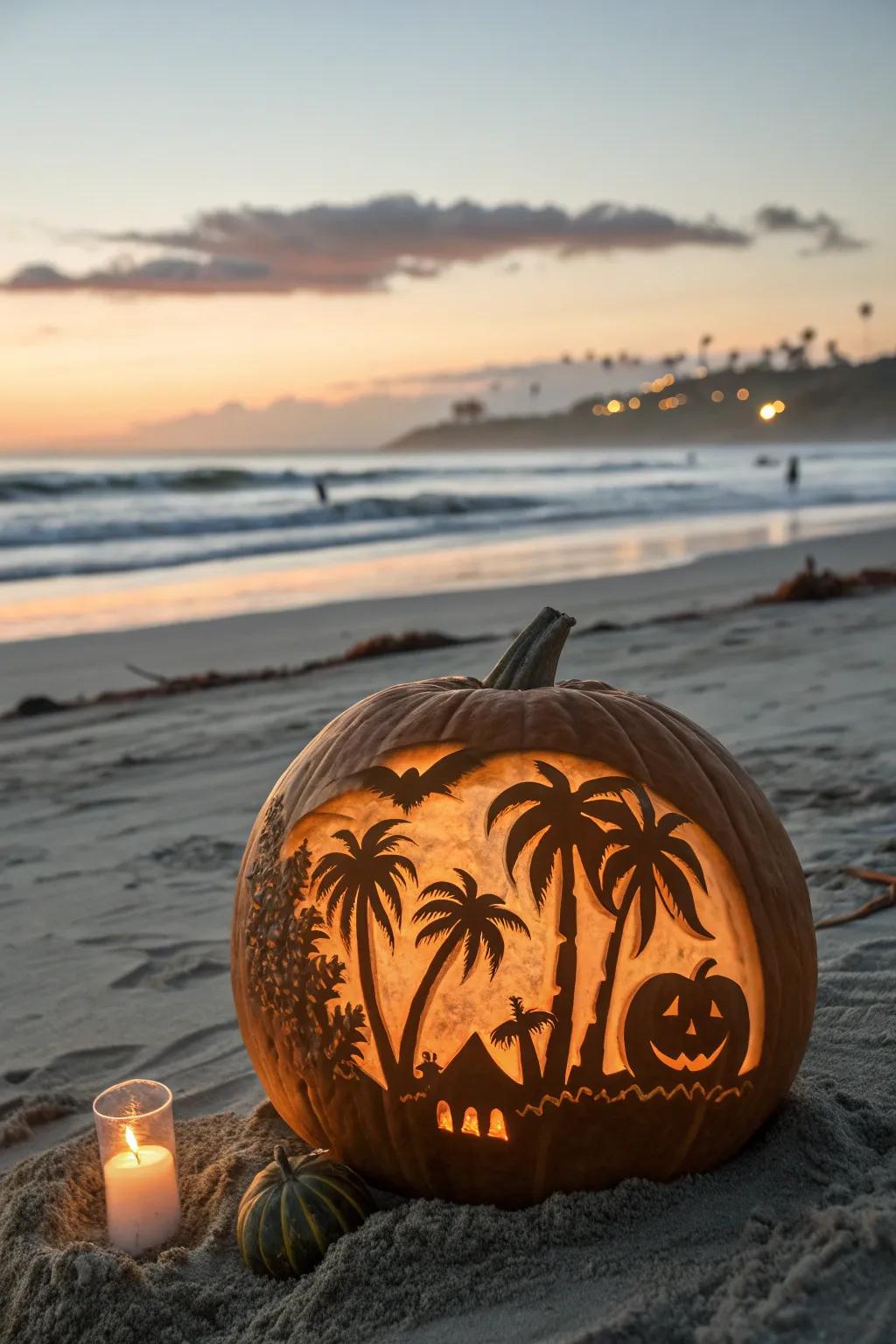 Embrace coastal tranquility with a beautifully etched coastline pumpkin at sundown. Discover the skill of minimalist refinement.