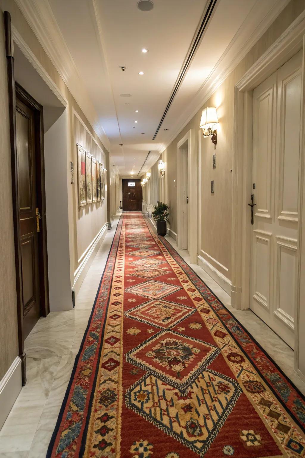 A hallway carpet adds warmth and clarifies the corridor’s theme.