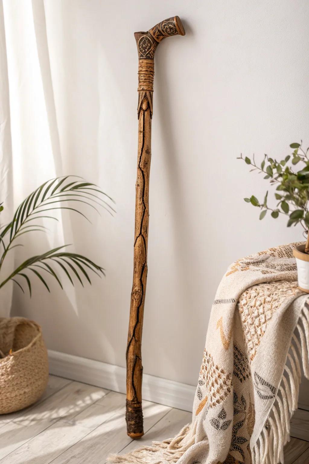 Delight in the majesty of nature with a textured exterior finish walking stick, a seamless integration of rustic allure and understated sophistication.