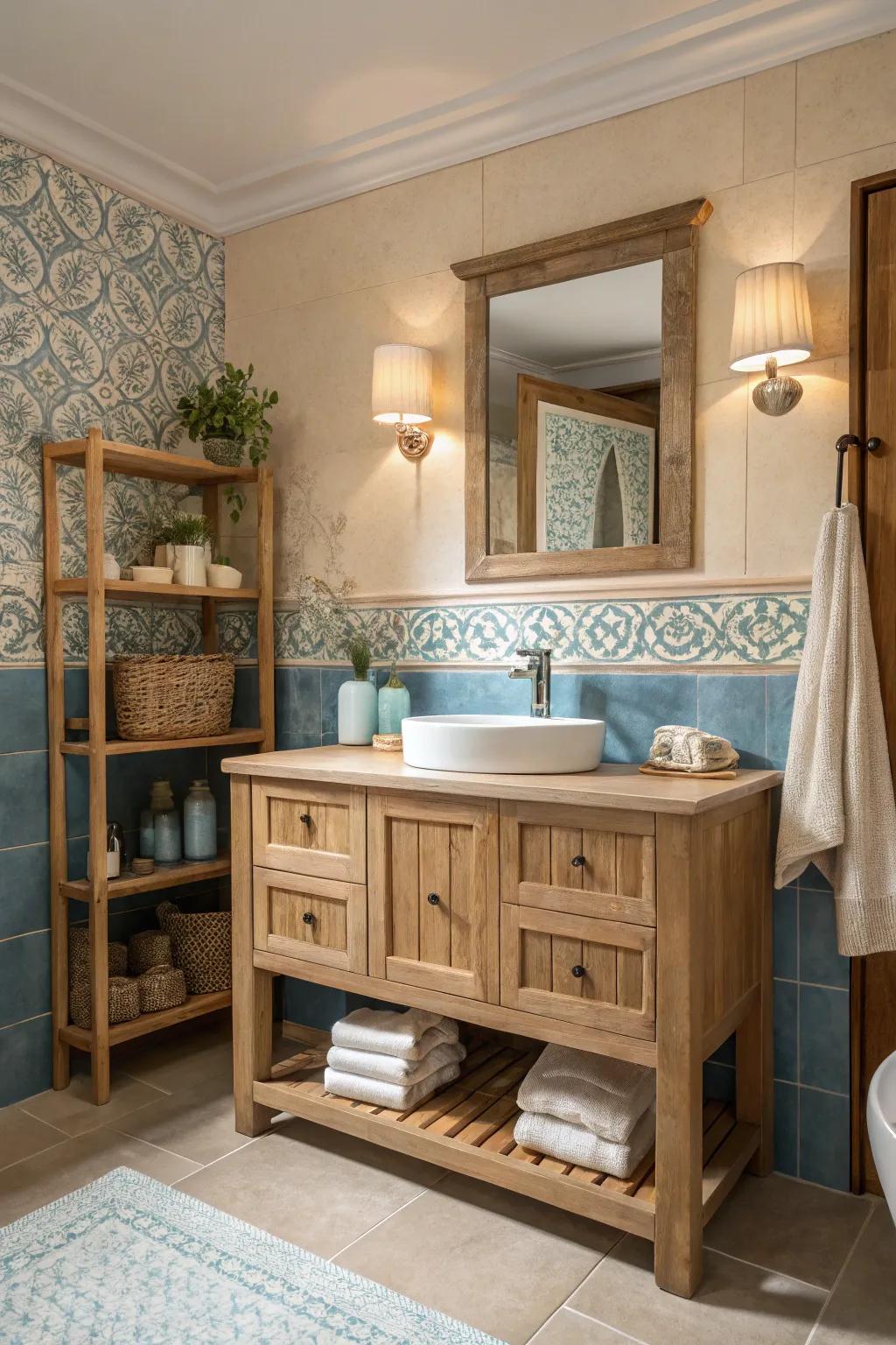 Combine natural timber with blue and beige for a warm, welcoming bathroom.