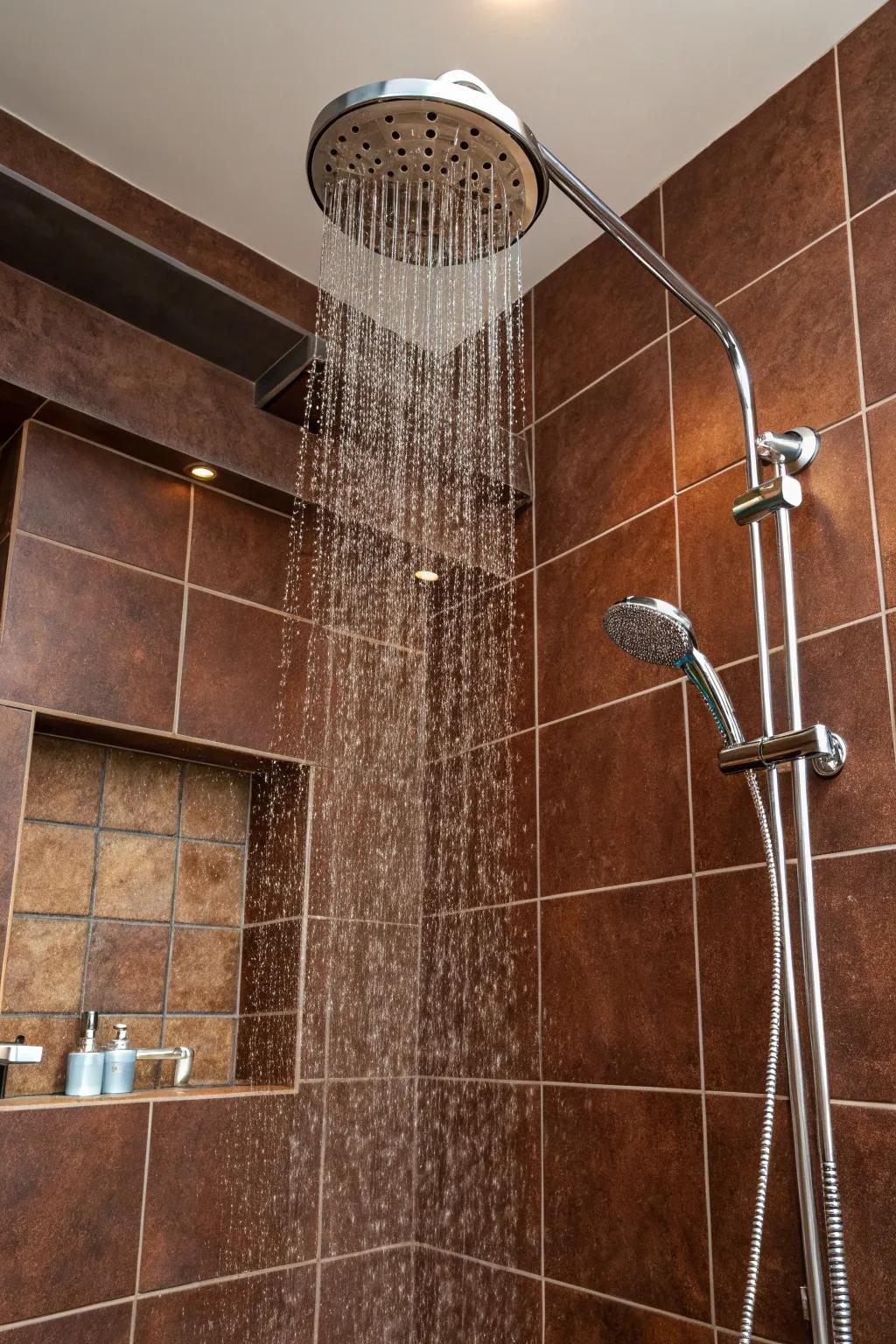 Drenching sprinklers heighten the opulent sensation of chocolate tile showers.
